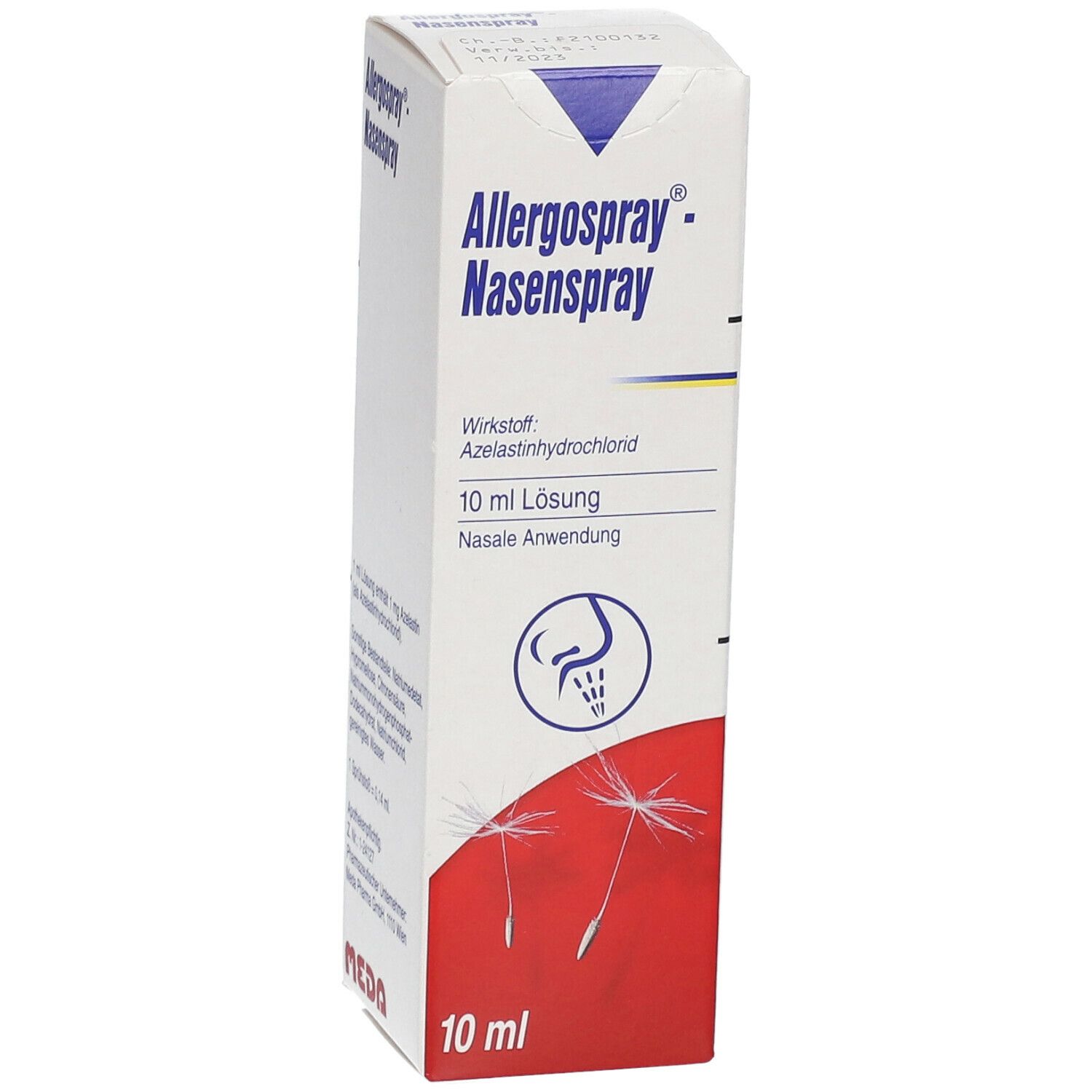 Weißer Karton mit Allergospray-Nasenspray-Aufdruck. Enthält 10 ml Lösung. Wirkstoff: Azelastinhydrochlorid. Nasale Anwendung.
