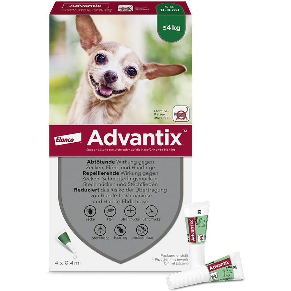 Advantix®-Verpackung mit Hund. Enthält 4 Pipetten à 0,4 ml. Text: Wirkt gegen Zecken, Flöhe, Haarlinge. Für Hunde bis 4 kg.