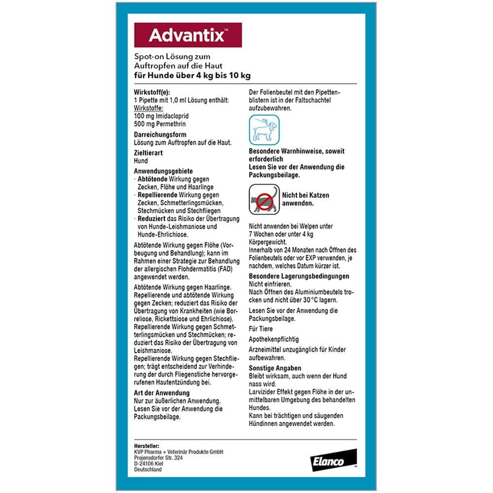 Rückseite der Advantix®-Verpackung. Spot-on-Lösung für Hunde 4-10 kg. Enthält Wirkstoffe und Anwendungshinweise. Nicht für Katzen.