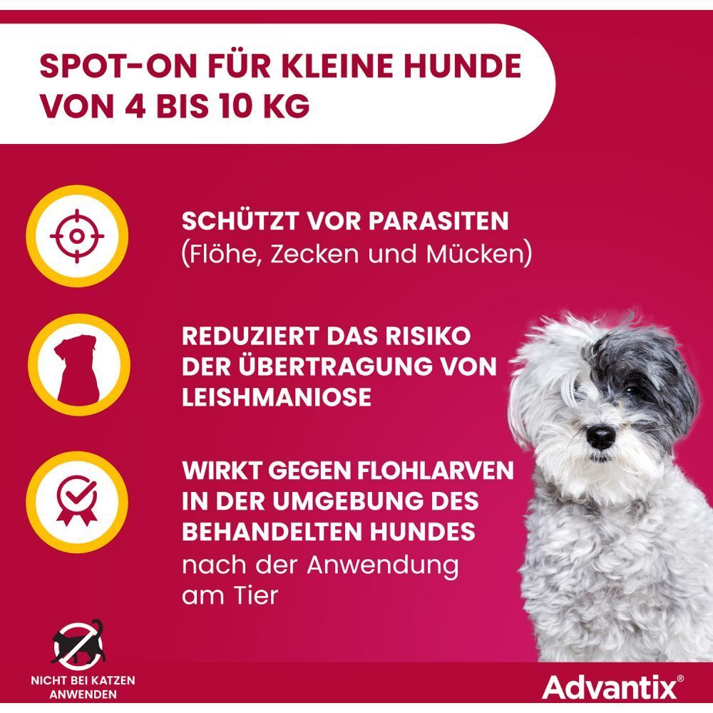 Advantix®-Werbung: Schützt vor Parasiten. Roter Hintergrund mit Hund und Icons. Nicht für Katzen.