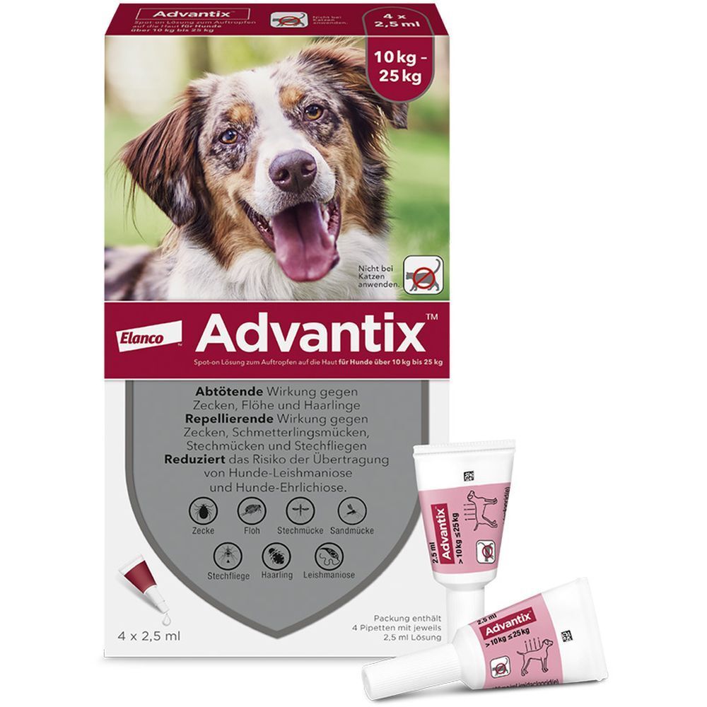 Advantix® für Hunde. Verpackung mit Hundefoto, Pipetten und Text. Enthält 4 Pipetten à 2,5 ml. Für Hunde von 10 bis 25 kg.