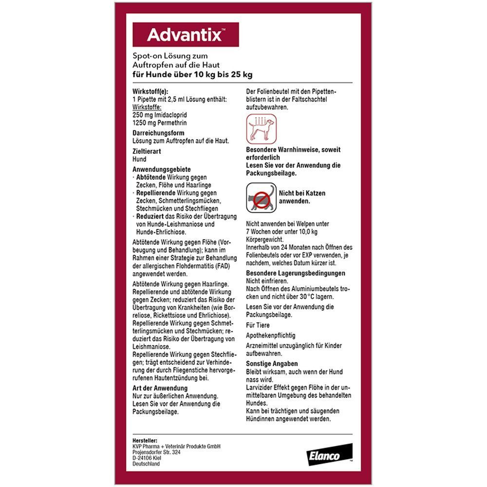 Rückseite der Advantix®-Verpackung. Textinformationen: Anwendung, Wirkstoffe, Warnhinweise. Nicht für Katzen.