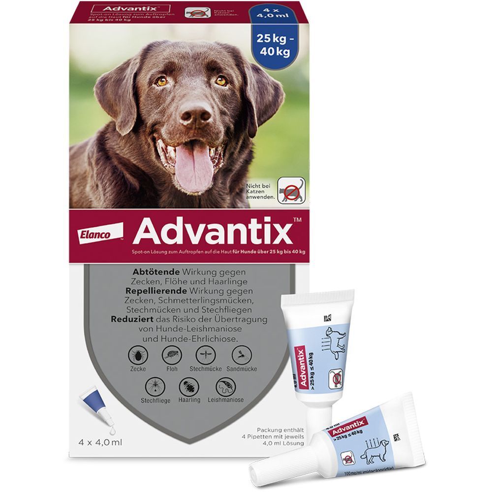 Advantix®-Verpackung mit Hund, Pipetten und Produktinformationen. Enthält 4 Pipetten für Hunde von 25-40 kg. Nicht für Katzen.