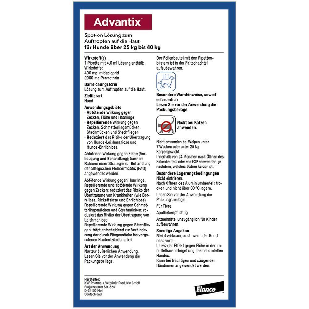 Rückseite der Advantix®-Verpackung mit Produktinformationen. Spot-on-Lösung für Hunde von 25-40 kg. Enthält Wirkstoffe und Anwendungshinweise.