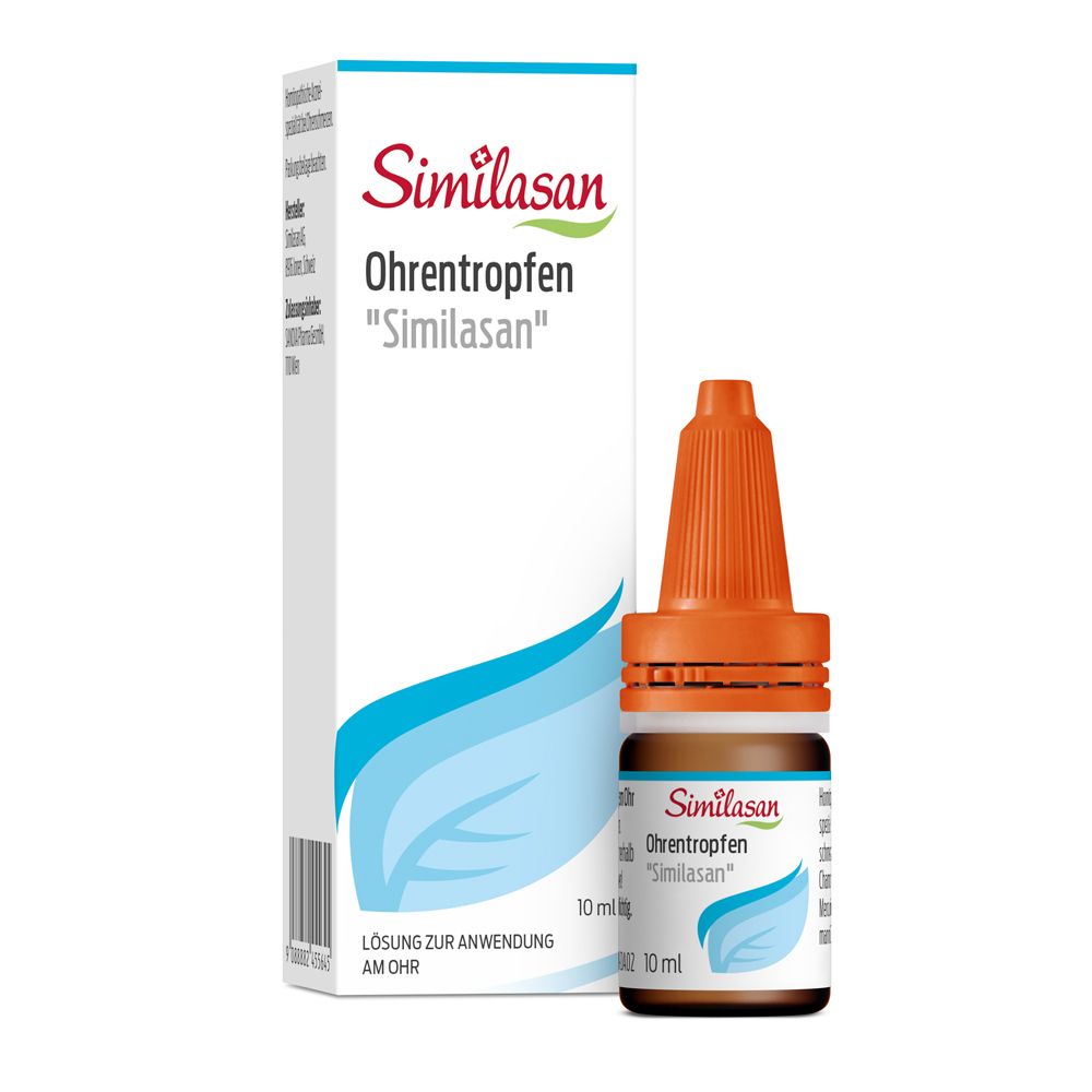 Ohrentropfen „Similasan“ mit Verpackung und Flasche. Flasche mit orangefarbenem Verschluss. Aufschrift „Similasan“ und Produktname.
