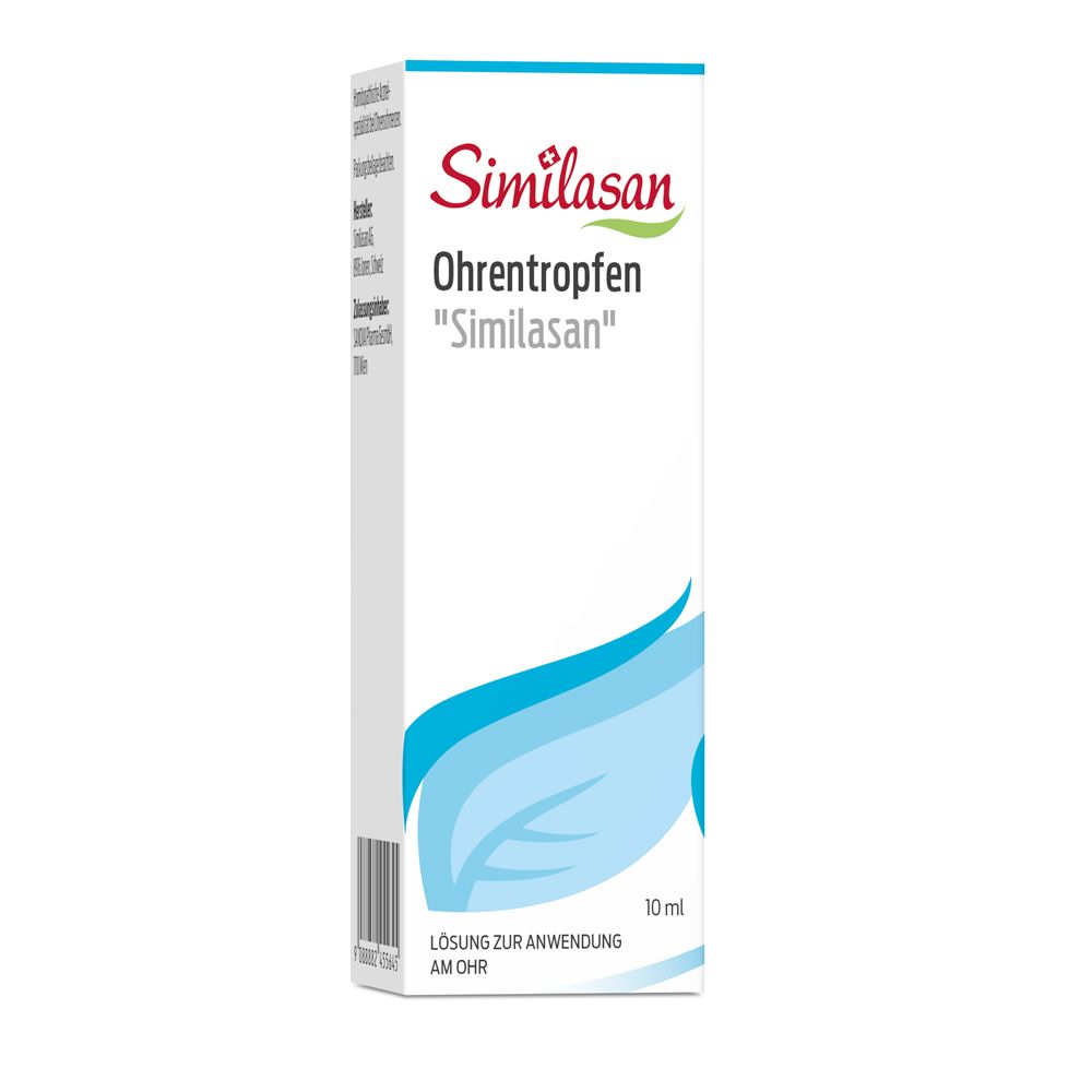 Verpackung von Ohrentropfen „Similasan“. Weißer Karton mit blauer Wellenform und Produktnamen. Aufschrift „Similasan“ und Produktname.