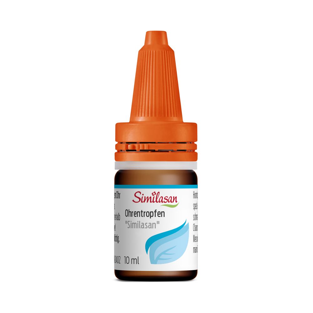 Flasche Ohrentropfen „Similasan“ mit orangefarbenem Verschluss. Braunes Glas. Aufschrift „Similasan“ und Produktname.