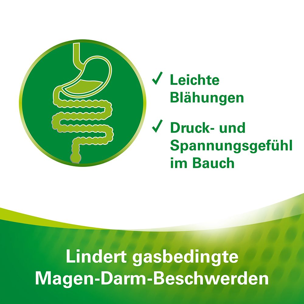 Grafik mit Magen-Darm-Trakt. Text: Lindert gasbedingte Magen-Darm-Beschwerden.