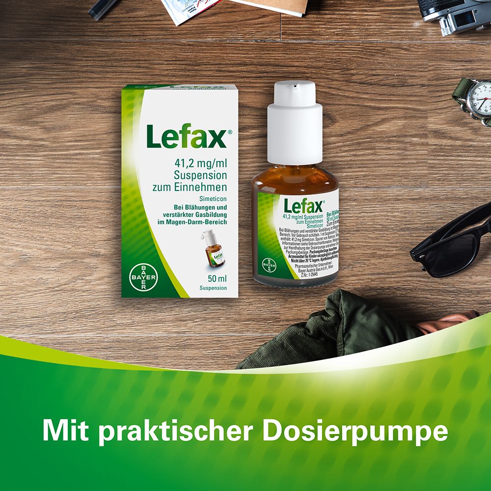 Schachtel und Flasche Lefax® mit Dosierpumpe. Text: Mit praktischer Dosierpumpe.