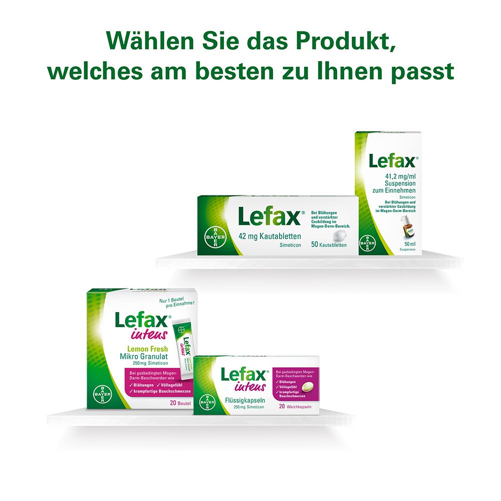 Regal mit verschiedenen Lefax®-Produkten. Text: Wählen Sie das Produkt, welches am besten zu Ihnen passt.