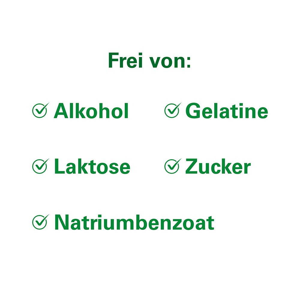 Text: Frei von: Alkohol, Gelatine, Laktose, Zucker, Natriumbenzoat.