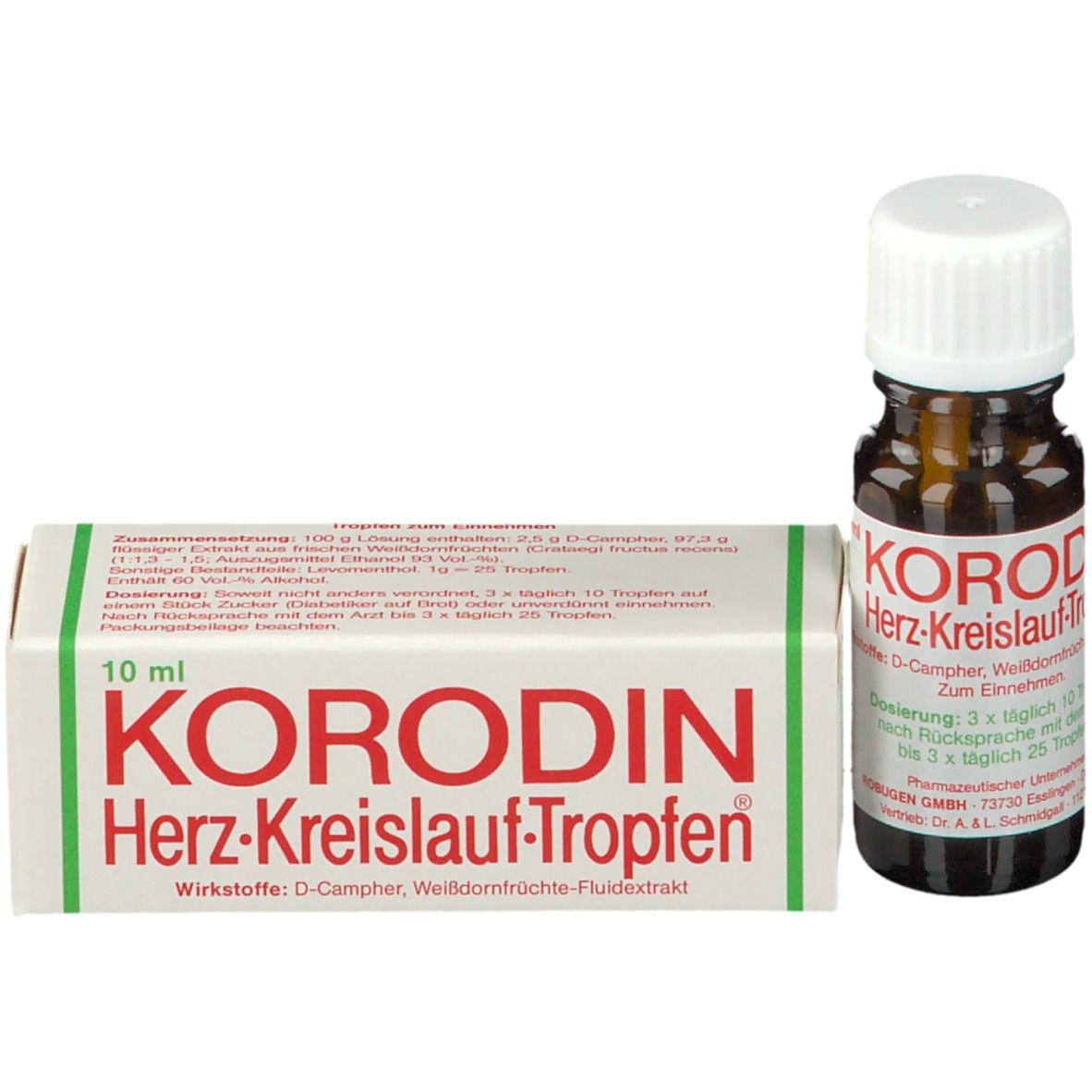Braune Glasflasche und Schachtel. Aufschrift: Korodin Herz-Kreislauf-Tropfen. Schachtel mit Produktinformationen.