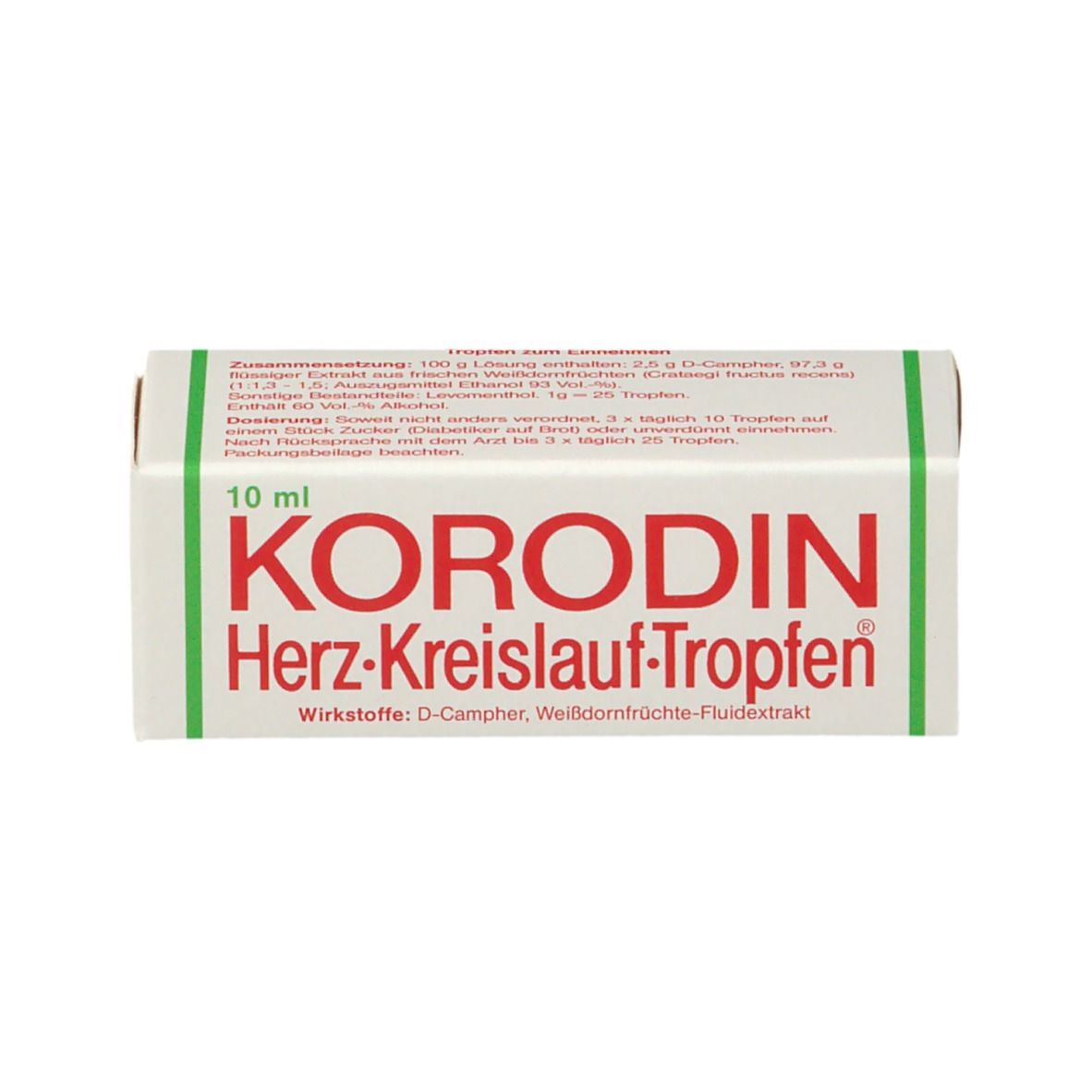 Weiße Schachtel mit Aufschrift: Korodin Herz-Kreislauf-Tropfen. Produktinformationen und Dosierungshinweise.