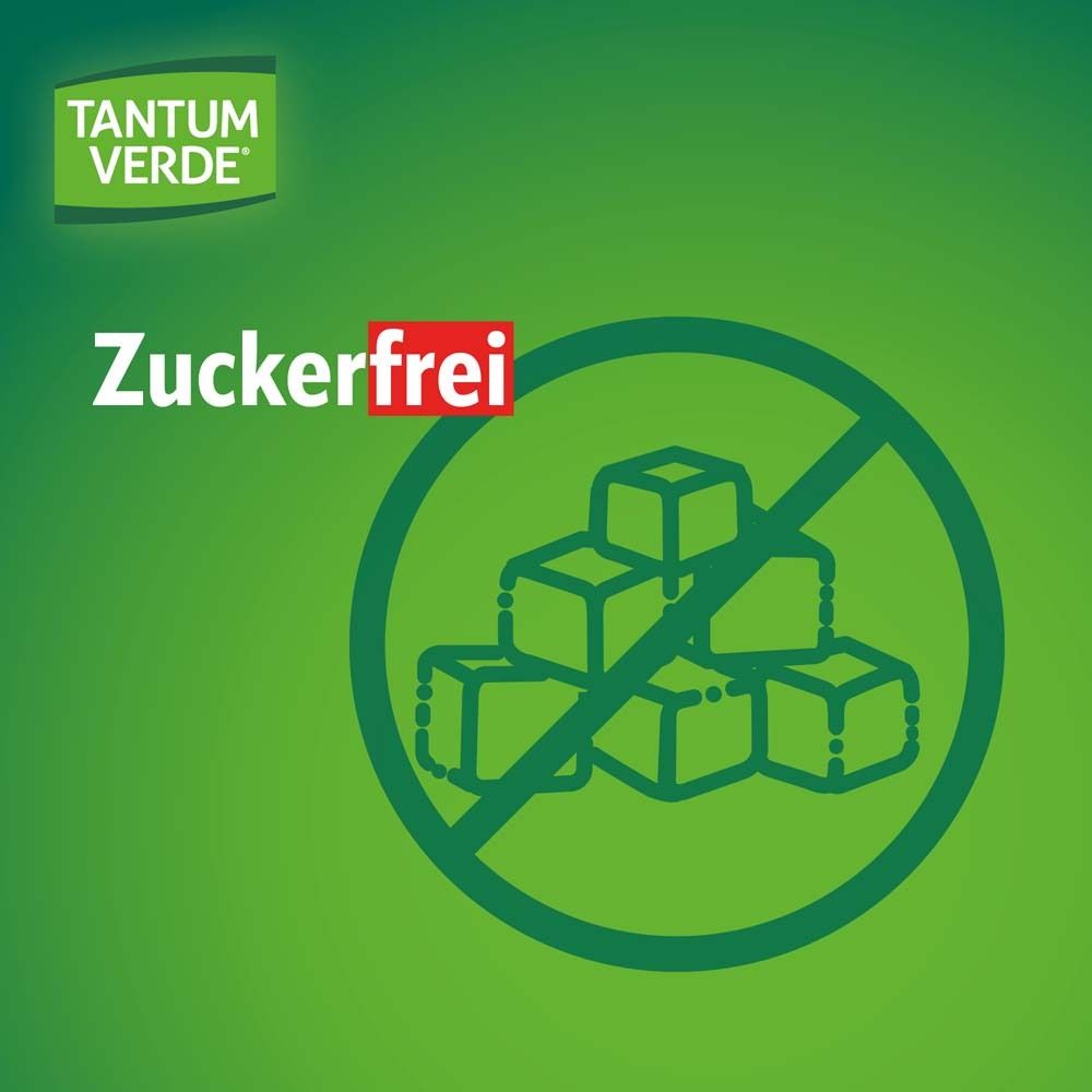 Grüner Hintergrund mit Text: Zuckerfrei. Symbol: Kein Zucker. TANTUM VERDE Logo.
