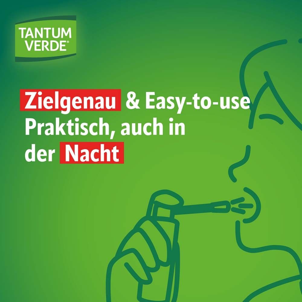 Grüner Hintergrund mit Text: Zielgenau & Easy-to-use. Spray-Anwendung. TANTUM VERDE Logo.