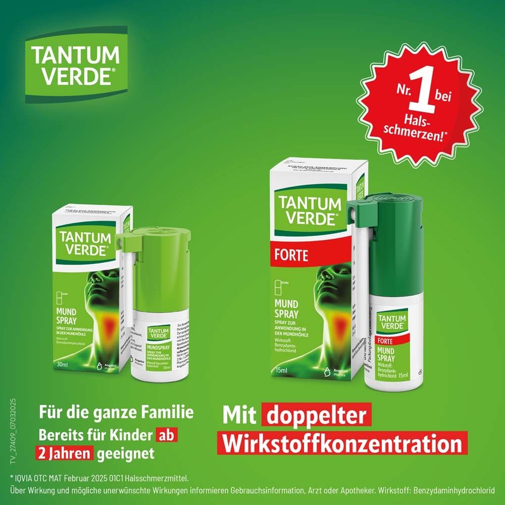 Zwei Packungen und eine Sprayflasche TANTUM VERDE FORTE. Grün-weiße Verpackung. Nr. 1 bei Halsschmerzen.