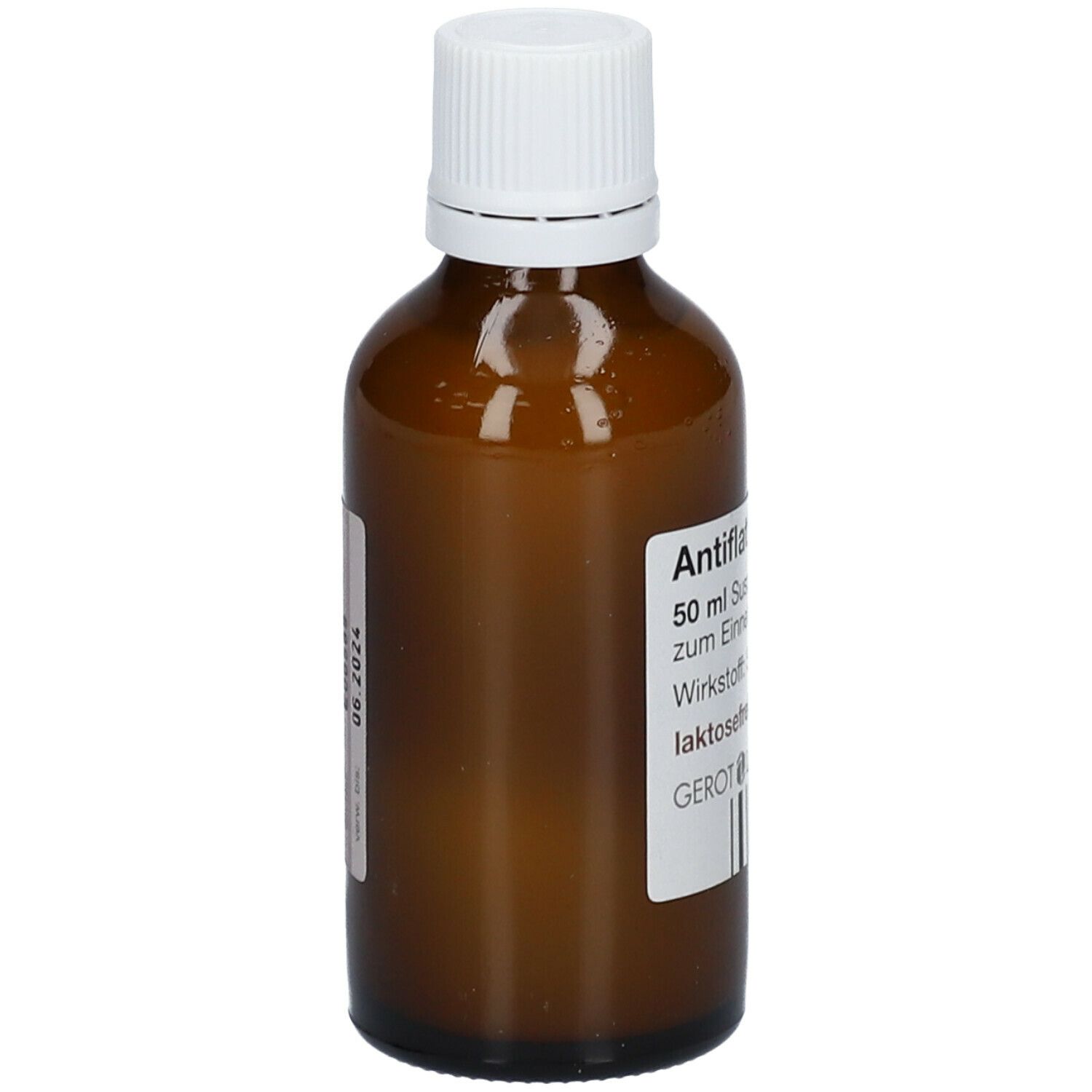 Braune Glasflasche mit weißem Deckel. Etikett mit Produktnamen Antiflat® -Tropfen und weiteren Informationen.