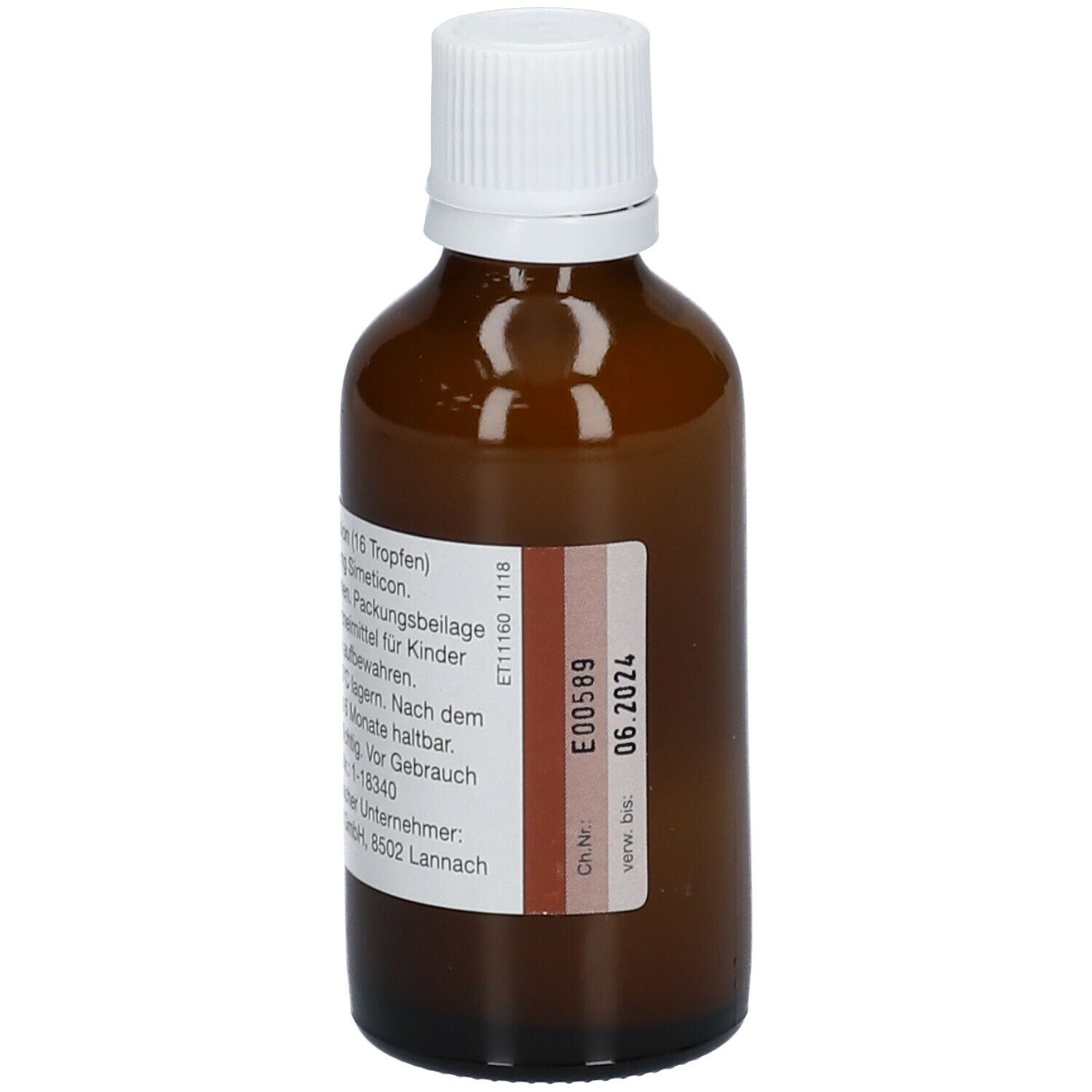 Braune Glasflasche mit weißem Deckel. Etikett mit Produktnamen Antiflat® -Tropfen und weiteren Informationen.