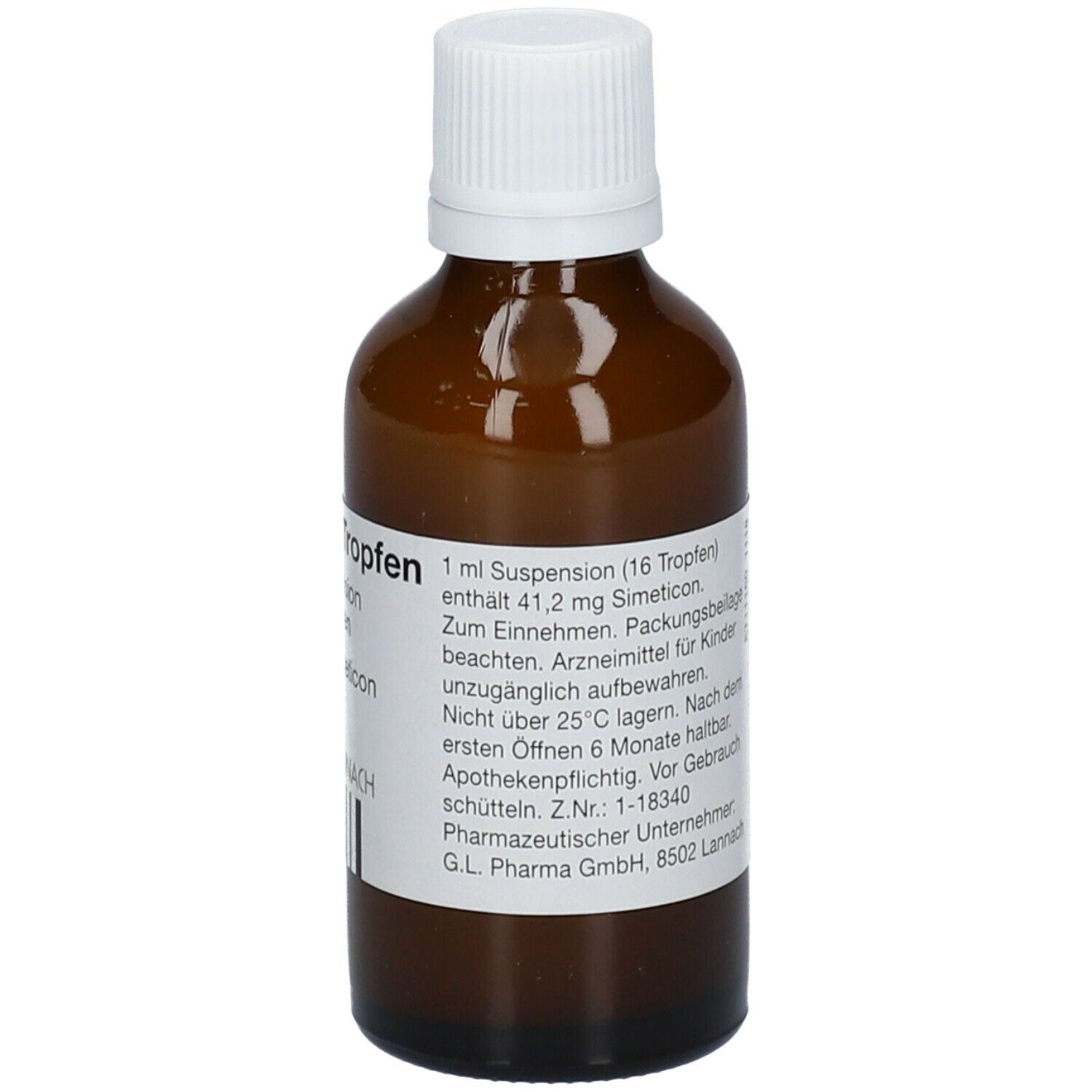 Braune Glasflasche mit weißem Deckel. Etikett mit Produktnamen Antiflat® -Tropfen und weiteren Informationen.