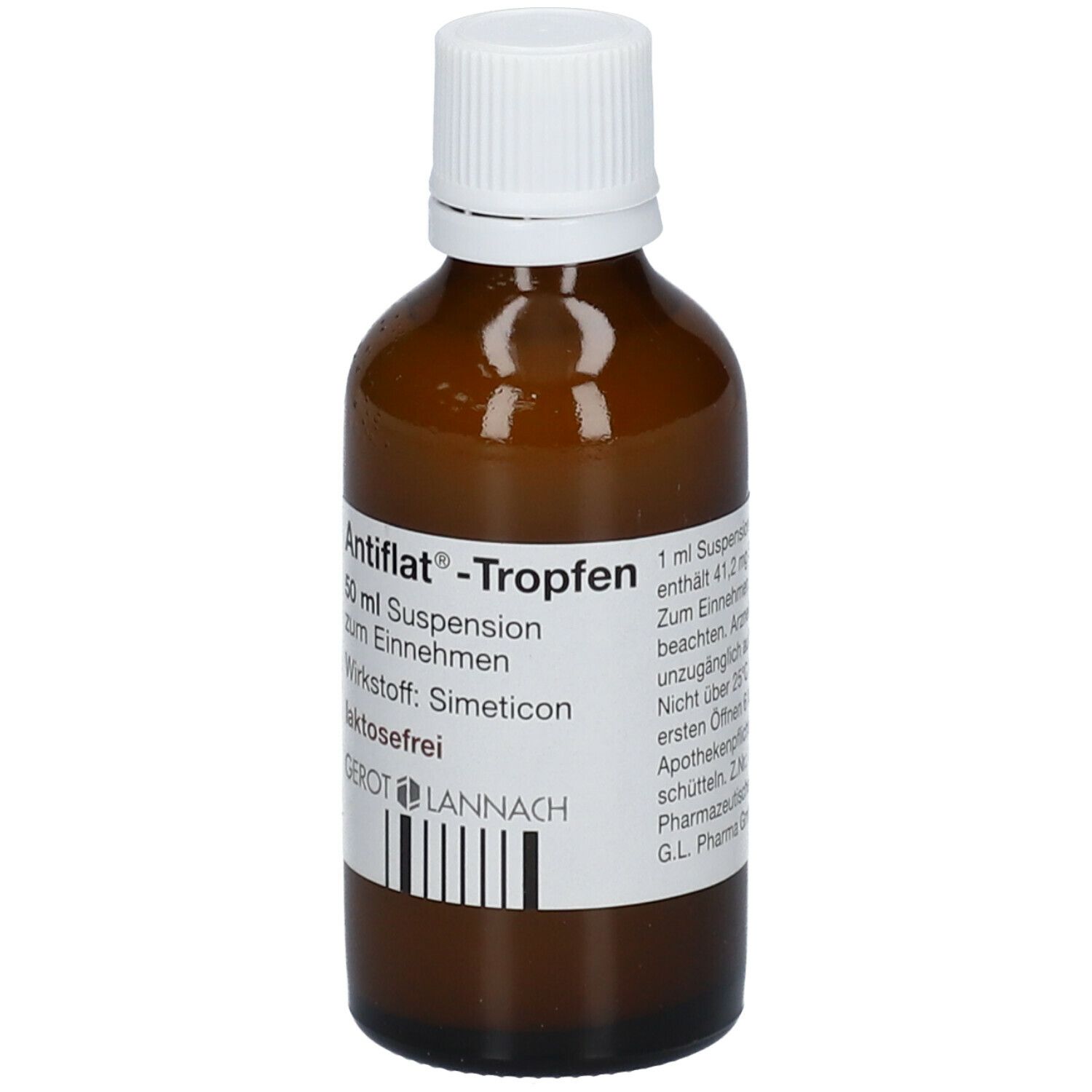 Braune Glasflasche mit weißem Deckel. Etikett mit Produktnamen Antiflat® -Tropfen und weiteren Informationen.