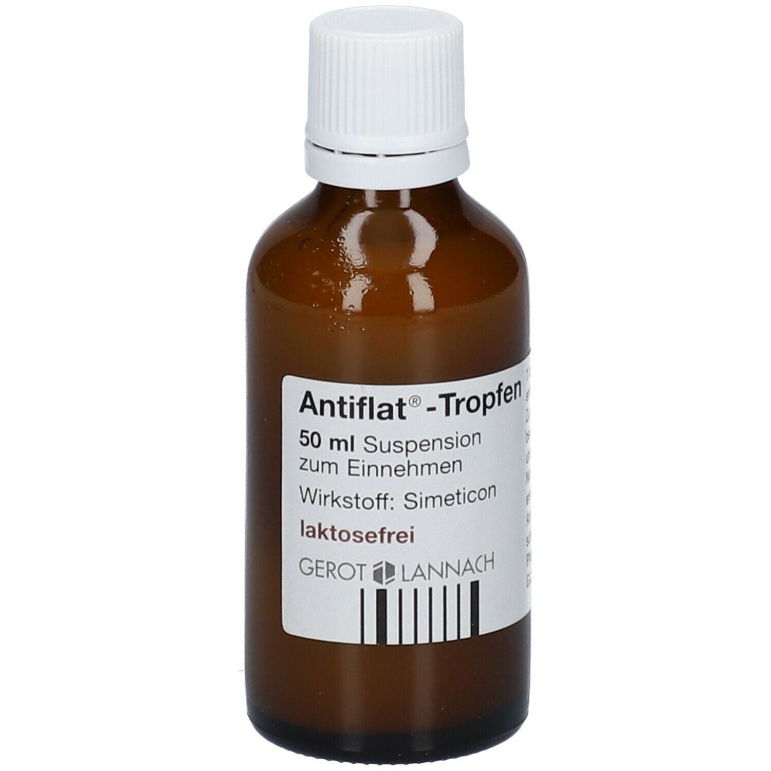 Braune Glasflasche mit weißem Deckel. Etikett mit Produktnamen Antiflat® -Tropfen und weiteren Informationen.