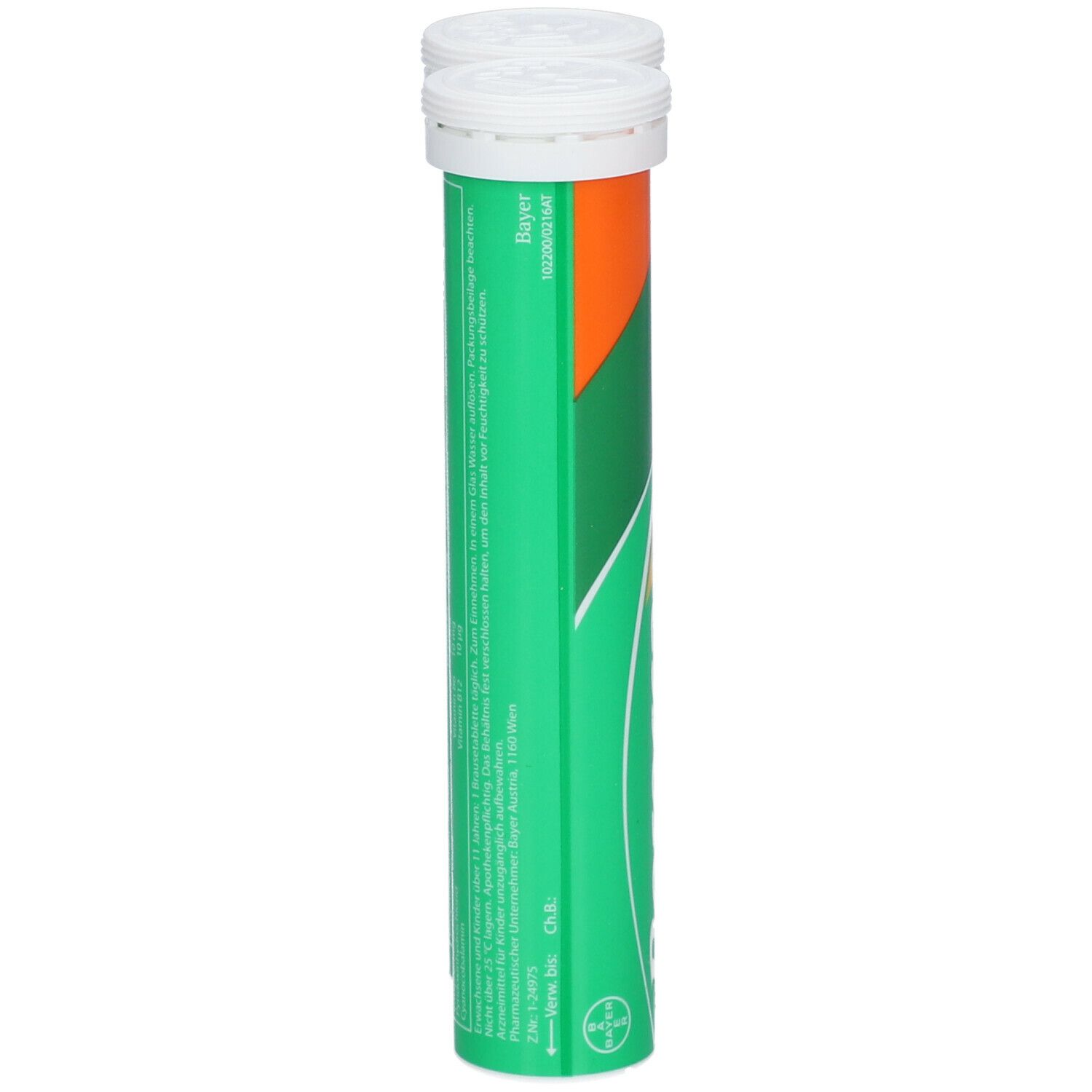 Zylindrische Tube mit weißem Deckel. Grün-orangefarbenes Etikett mit Produktinformationen. Bayer-Logo.