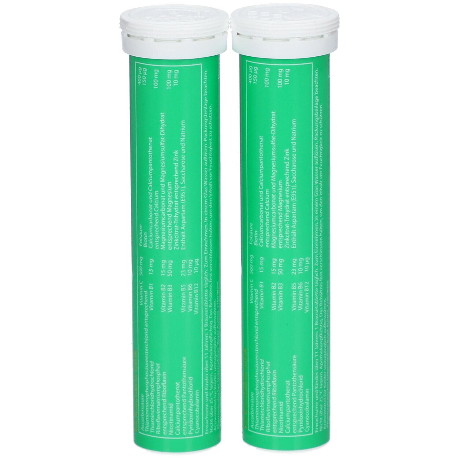 Zwei zylindrische Tuben mit weißen Deckeln. Grüne Etiketten mit Produktinformationen. Bayer-Logo.