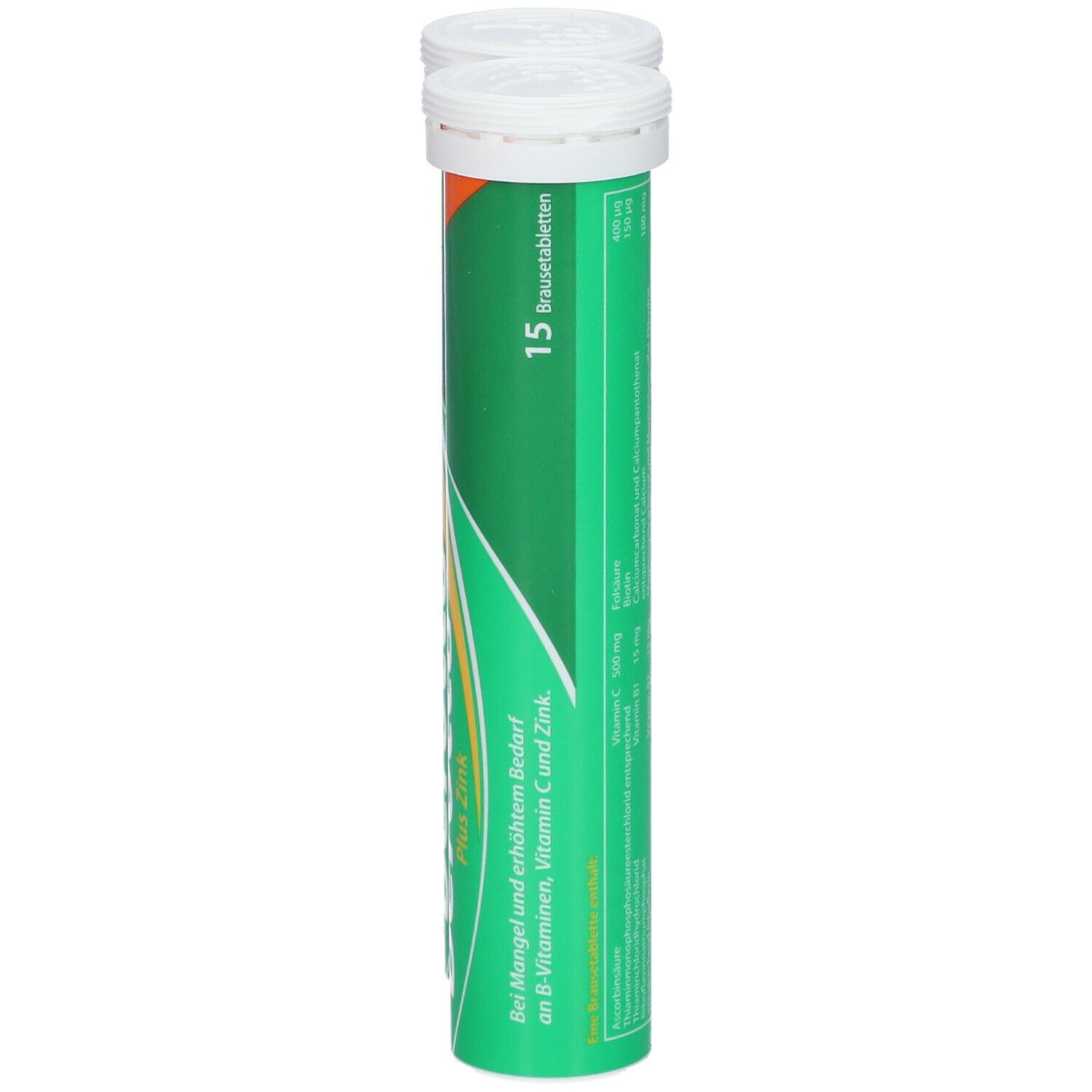 Zylindrische Tube mit weißem Deckel. Grün-orangefarbenes Etikett mit Produktinformationen. 15 Brausetabletten.