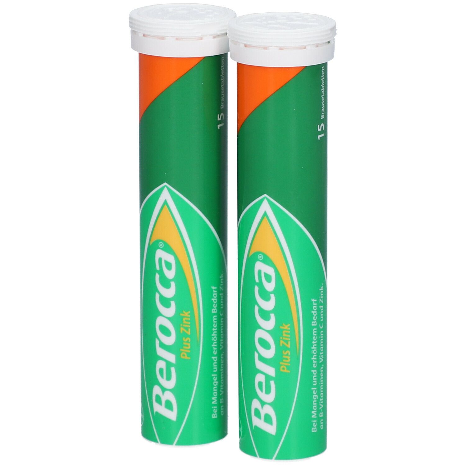 Zwei zylindrische Tuben mit weißen Deckeln. Grün-orangefarbene Etiketten mit Produktnamen und Logo.