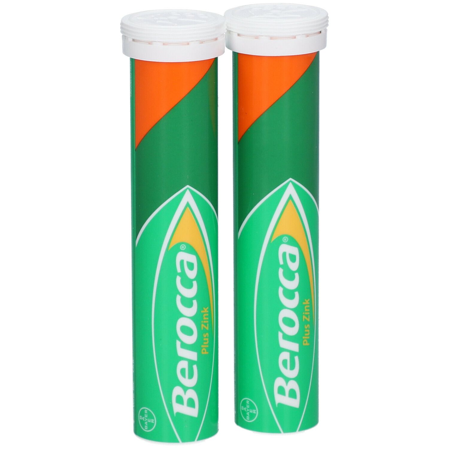 Zwei zylindrische Tuben mit weißen Deckeln. Grün-orangefarbene Etiketten mit Produktnamen und Logo.