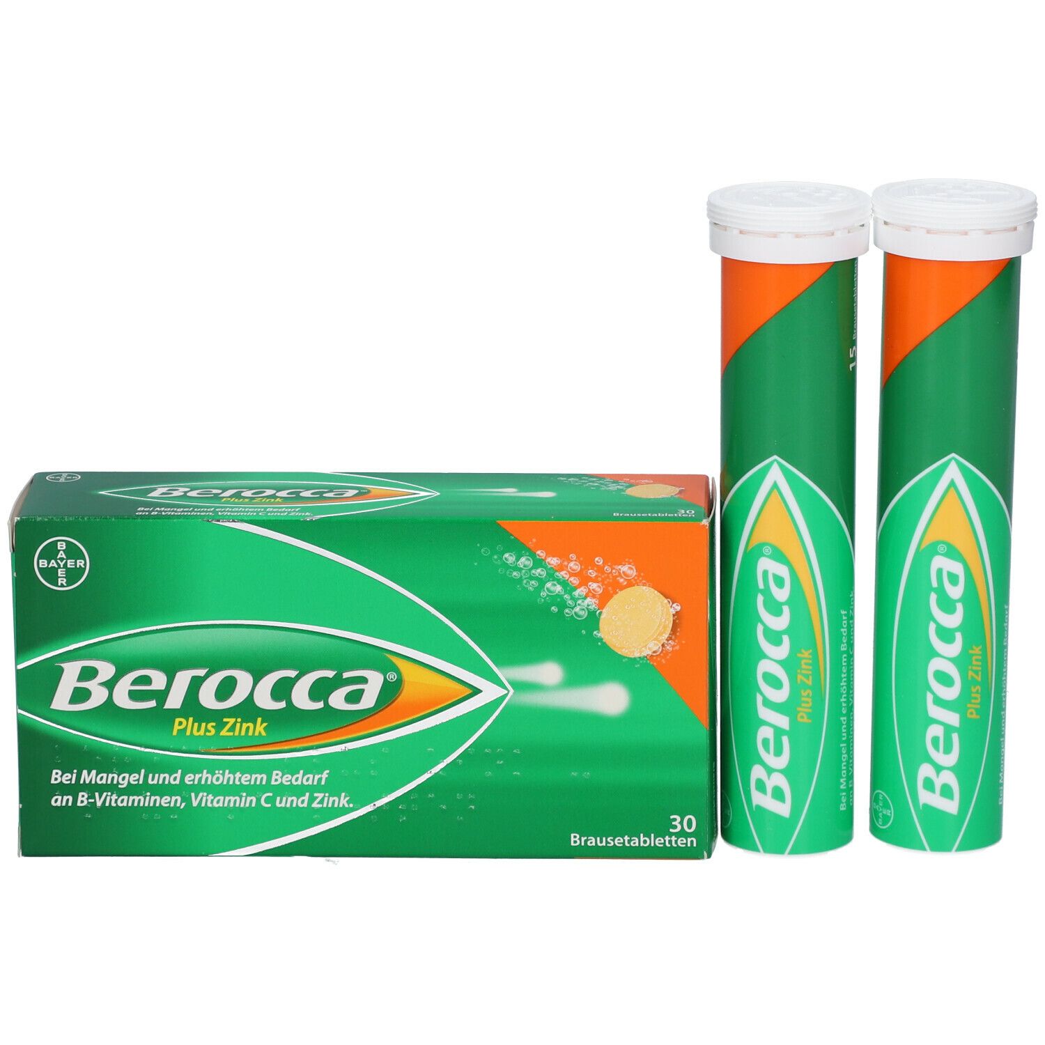 Schachtel und zwei Tuben. Schachtel mit Produktnamen und Logo. 30 Brausetabletten. Tuben mit weißem Deckel.