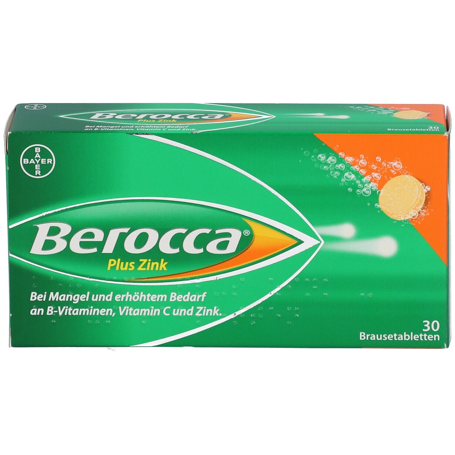 Grüne Schachtel mit Produktnamen, Logo und 30 Brausetabletten. Orangefarbener Hintergrund mit Tabletten.