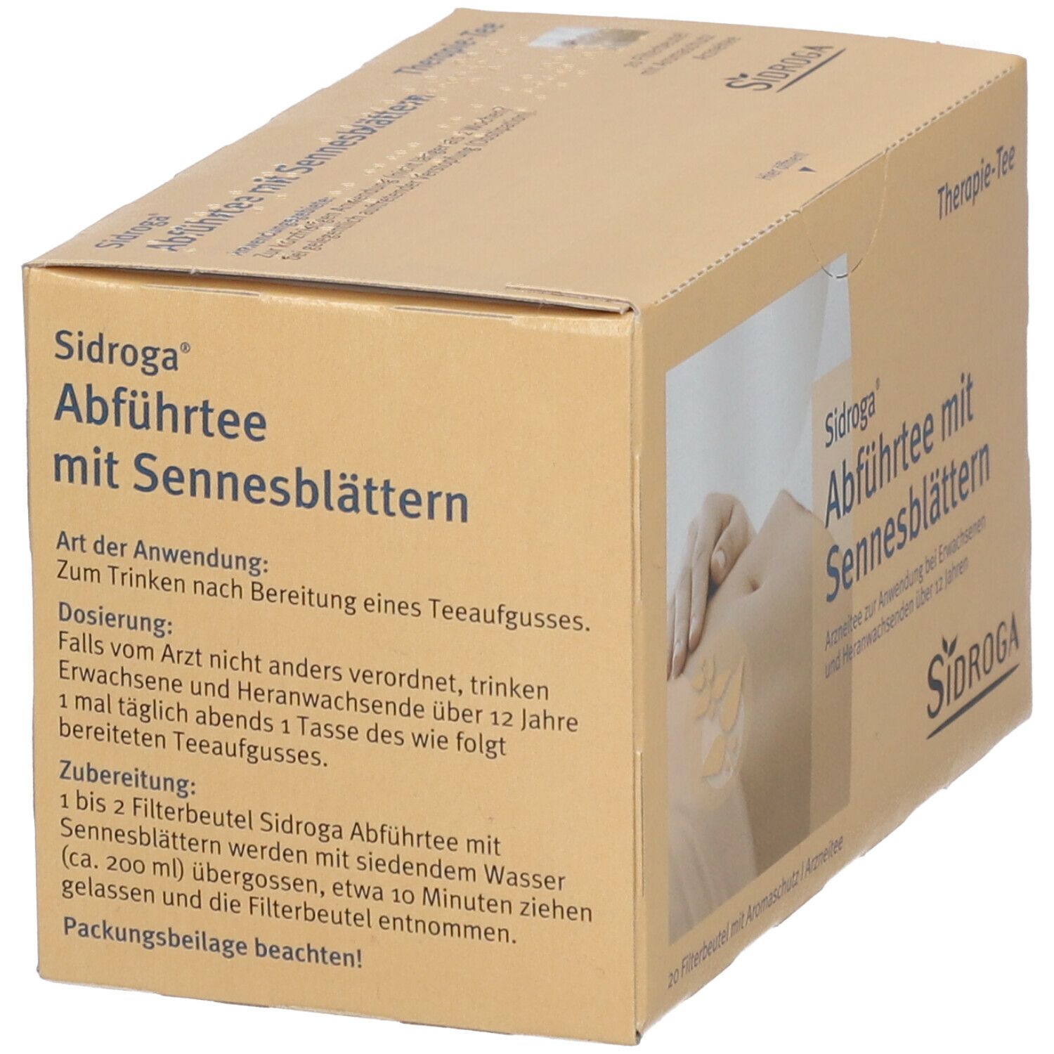 Sidroga Abführtee-Verpackung. Braune Kartonage mit Produktnamen und Logo. Text über Anwendung und Dosierung. 20 Filterbeutel.