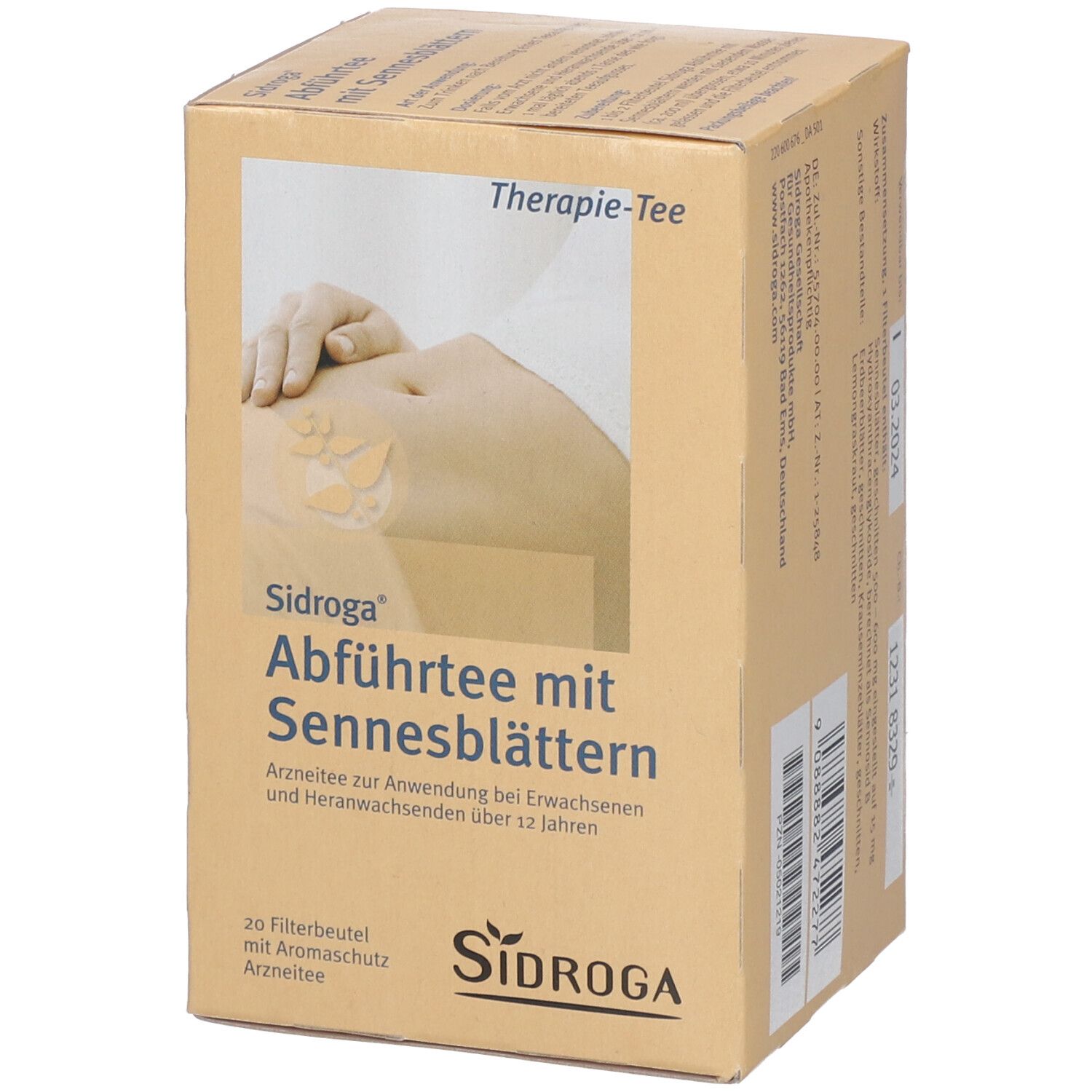 Sidroga Abführtee-Verpackung. Braune Kartonage mit Produktnamen und Logo. 20 Filterbeutel. Abbildung eines Bauches.