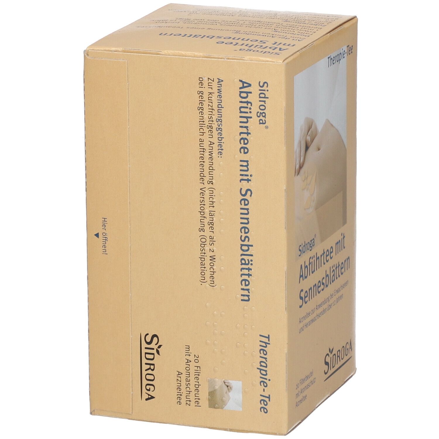Sidroga Abführtee-Verpackung. Braune Kartonage mit Produktnamen und Logo. 20 Filterbeutel. Text über Anwendungsgebiete.