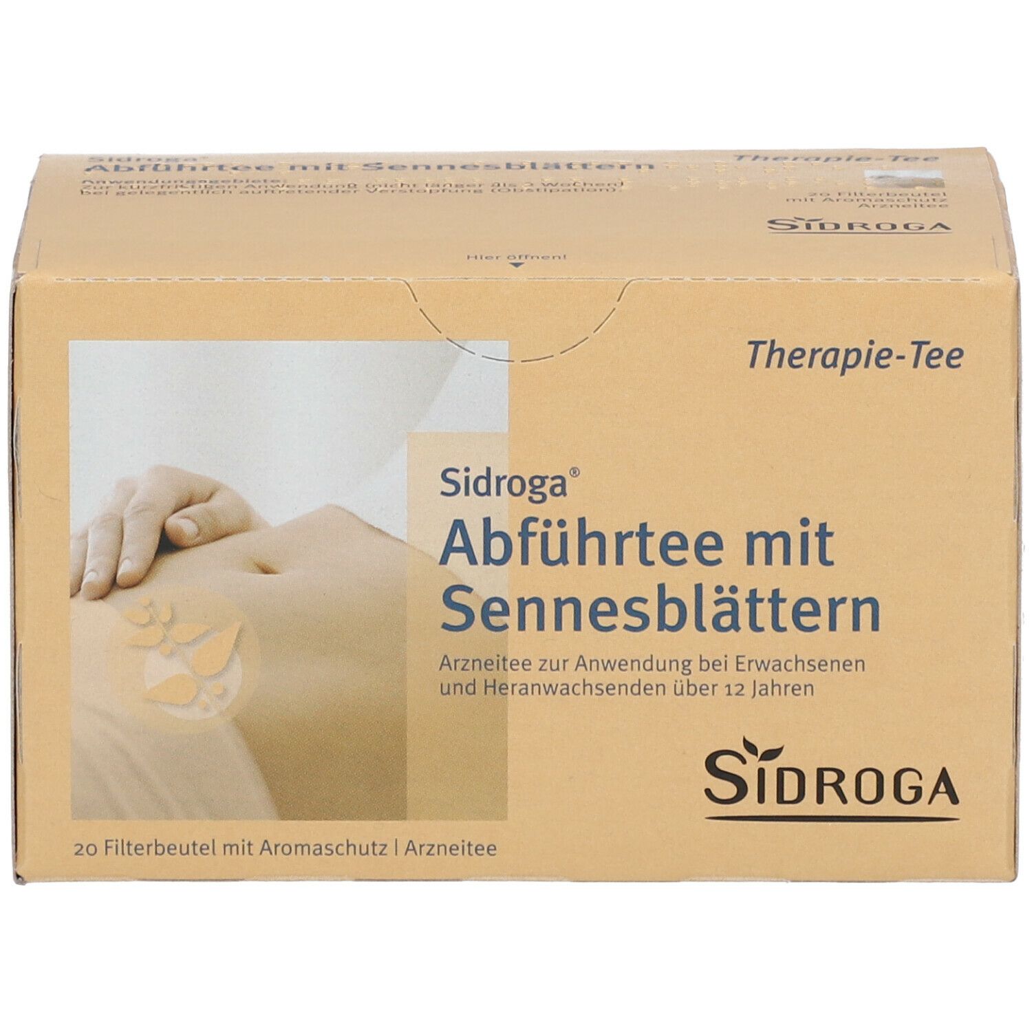 Sidroga Abführtee-Verpackung. Braune Kartonage mit Produktnamen und Logo. 20 Filterbeutel. Abbildung eines Bauches.