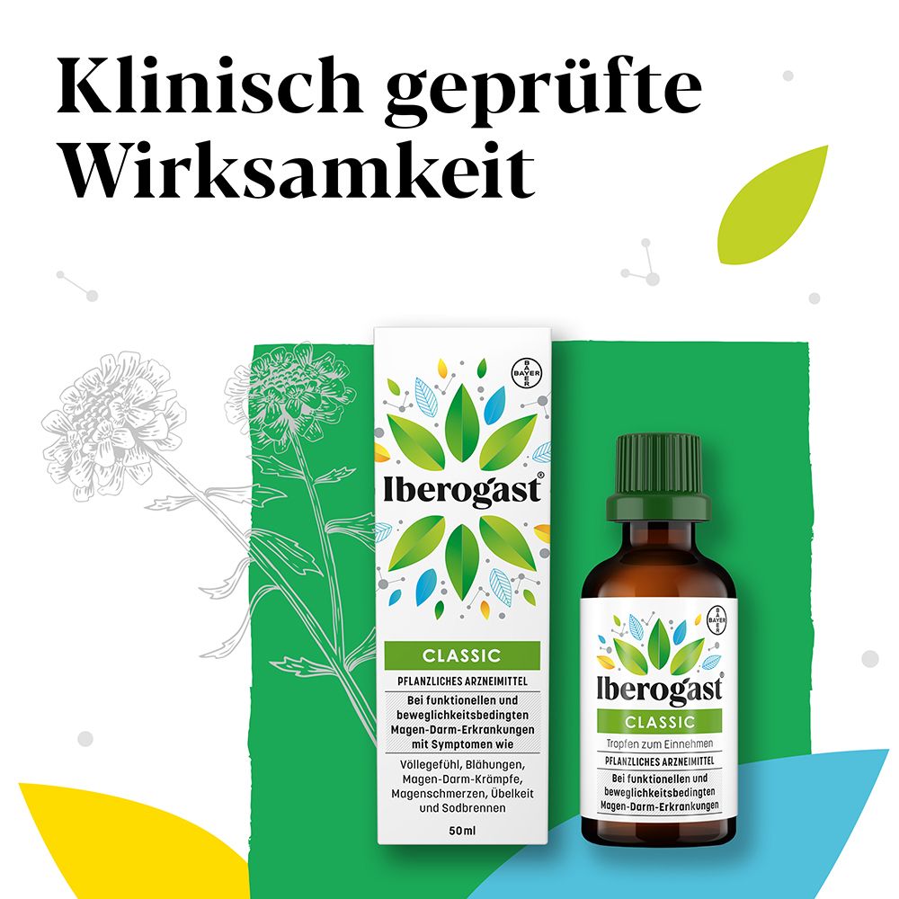 Flasche und Verpackung. Text: Klinisch geprüfte Wirksamkeit. Bayer-Logo. Iberogast CLASSIC.