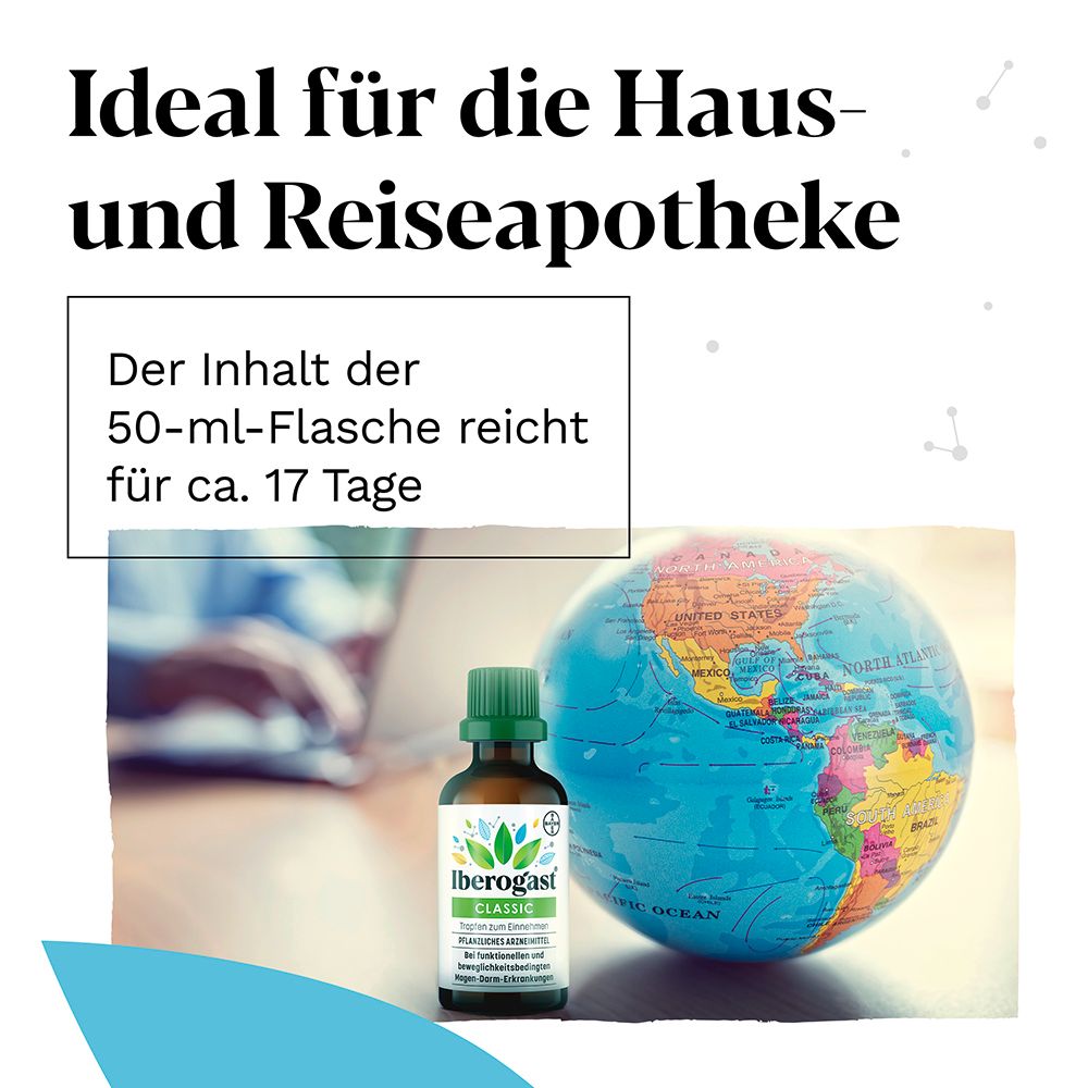 Flasche und Globus. Text: Ideal für die Haus- und Reiseapotheke. Inhalt reicht für ca. 17 Tage.