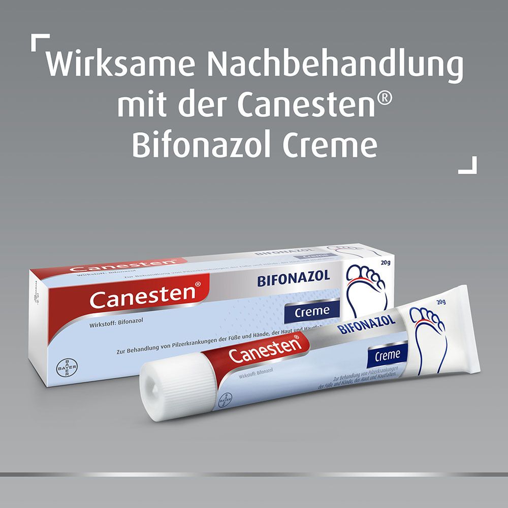 Canesten Bifonazol Creme und Verpackung. Weiße Tube mit roter Schrift und Fuß-Illustration.