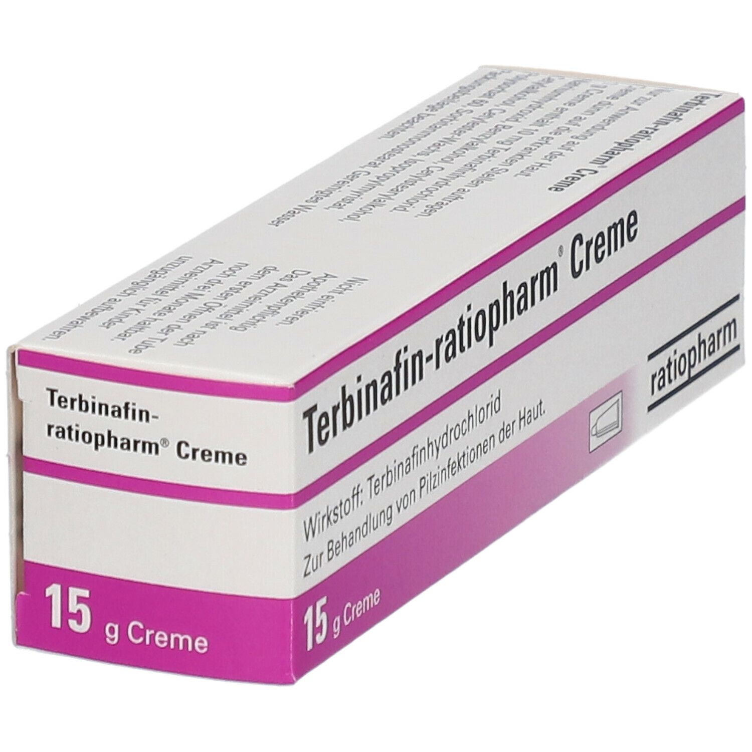 Schräg liegende Verpackung. Aufschrift: Terbinafin-ratiopharm® Creme, 15 g Creme. ratiopharm Logo. Rosa und weiße Farbgebung.