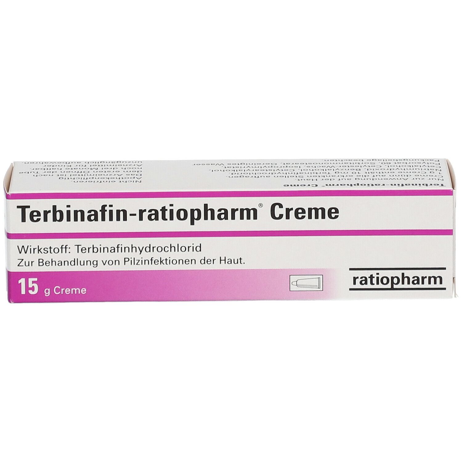 Verpackung von Terbinafin-ratiopharm® Creme. Aufschrift: 15 g Creme. ratiopharm Logo. Rosa und weiße Farbgebung.