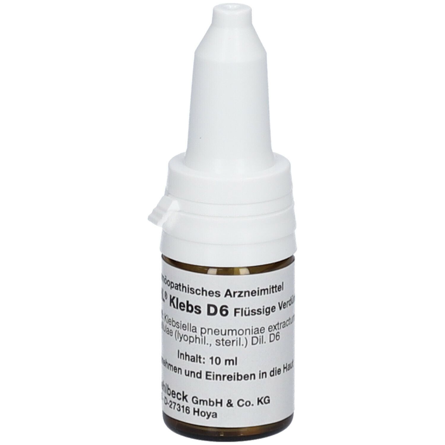 Braune Glasflasche mit weißem Verschluss. Beschriftung: SANUKEHL® Klebs D6, 10 ml, zum Einnehmen und Einreiben in die Haut.