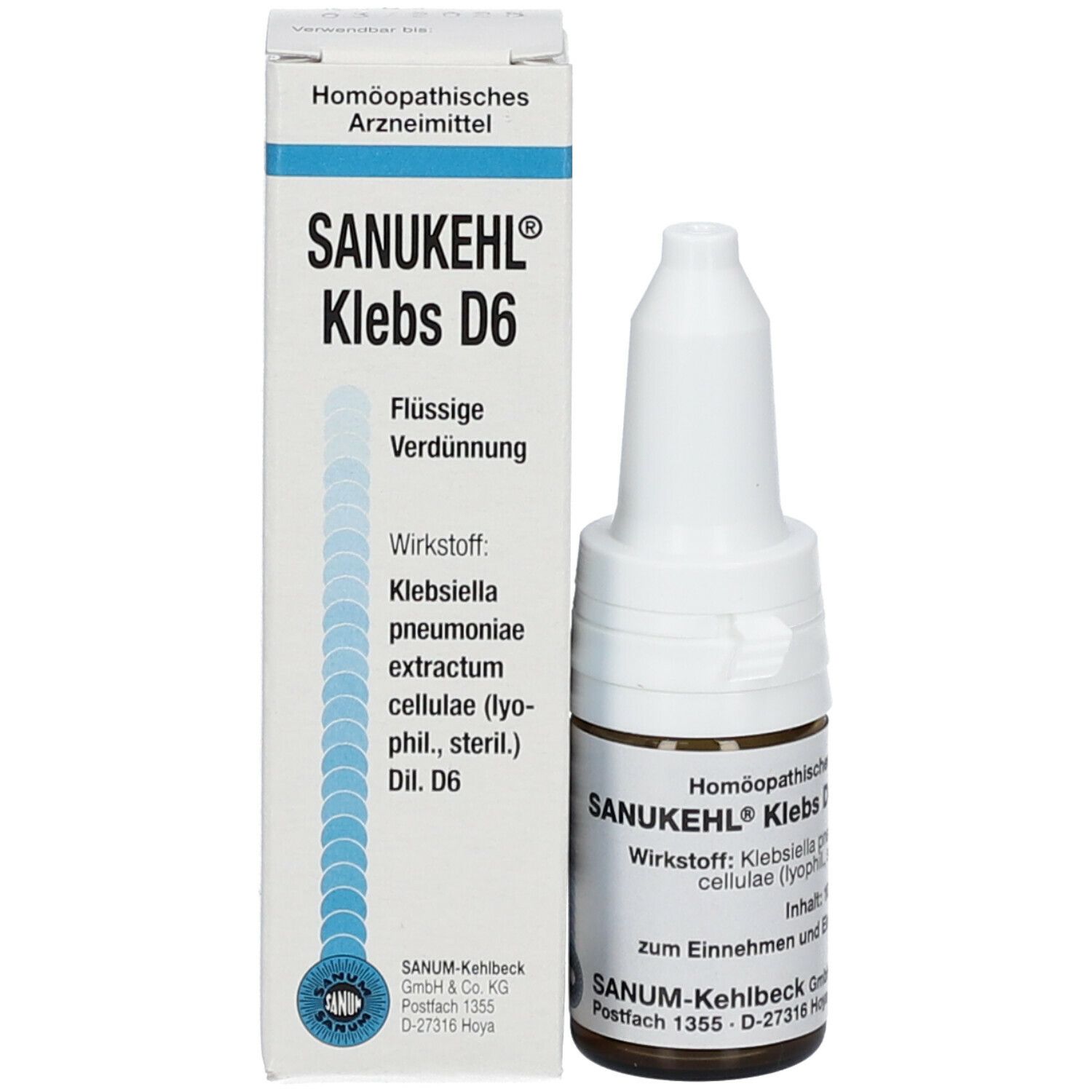 Produkt SANUKEHL® Klebs D6, Flasche und Verpackung. Beschriftung: Wirkstoff, zum Einnehmen und Einreiben.