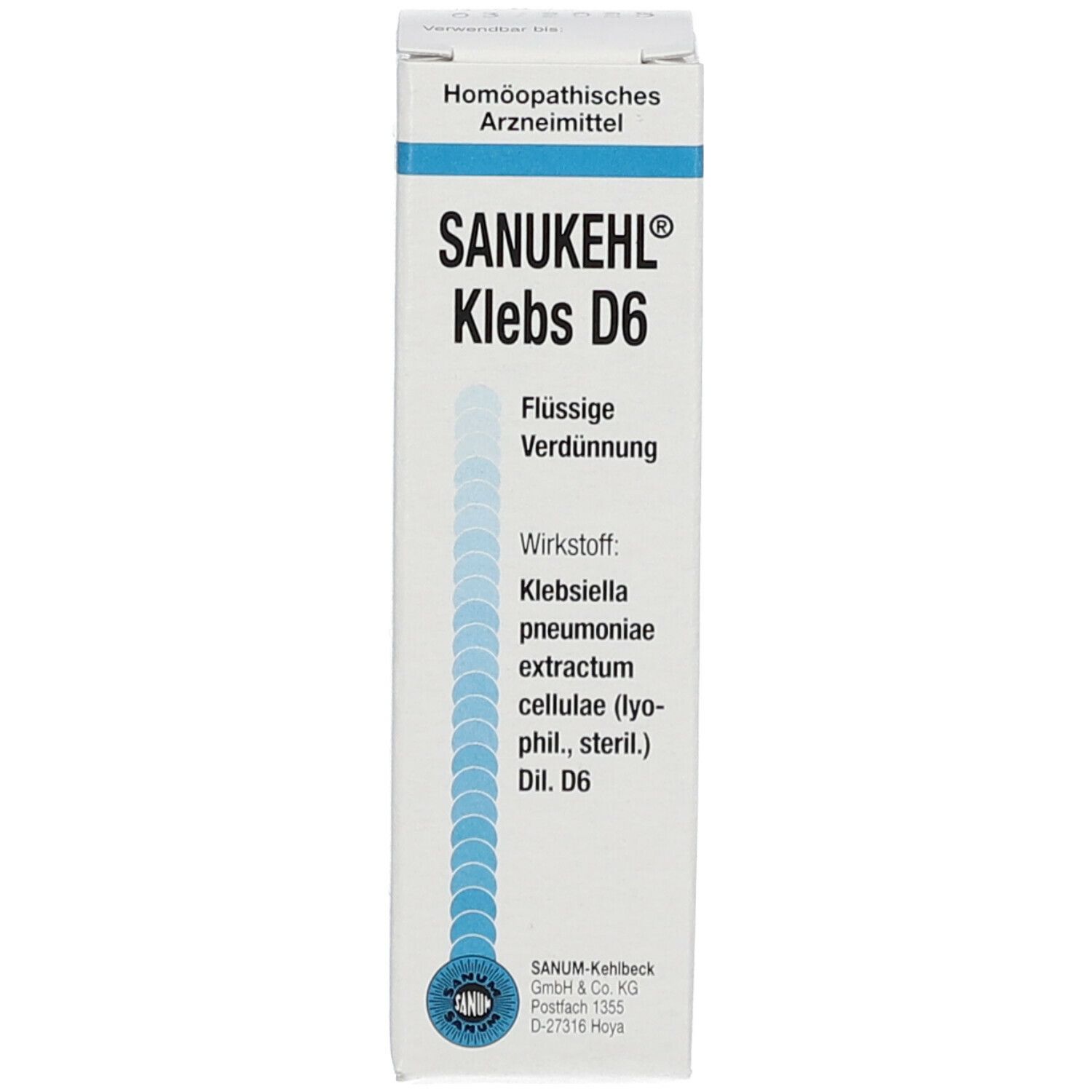 Verpackung von SANUKEHL® Klebs D6. Beschriftung: Flüssige Verdünnung, Wirkstoff, SANUM-Kehlbeck.