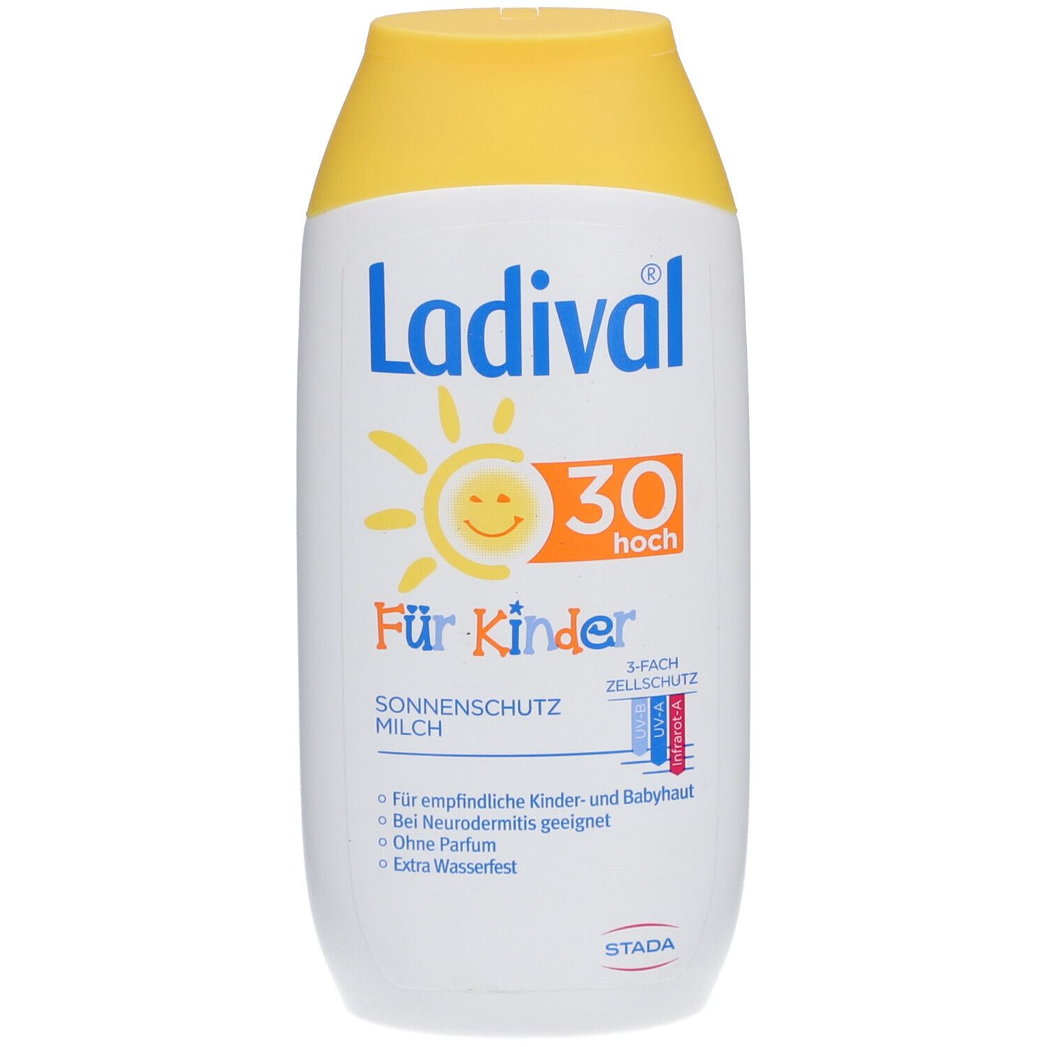 Ladival Sonnenschutz Milch für Kinder LSF 30. Weiße Flasche mit gelbem Deckel. Aufdruck: Ladival, Sonne, 30 hoch, Für Kinder, Sonnenschutz Milch.