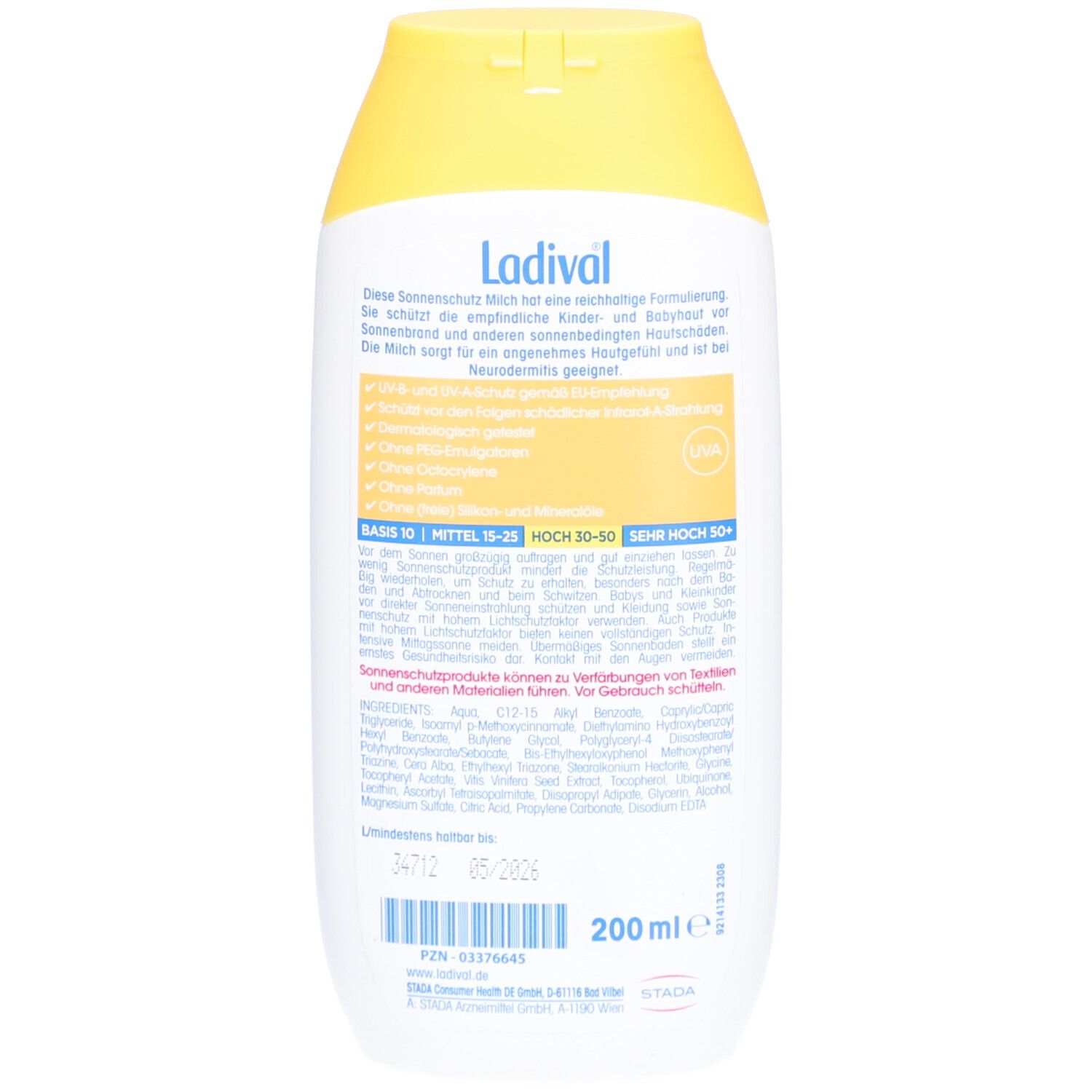 Rückseite der Ladival Sonnenschutz Milch für Kinder LSF 30 Flasche. Textinformationen: Inhaltsstoffe, Anwendungshinweise, Herstellerinformationen, Chargennummer, Mindesthaltbarkeitsdatum.