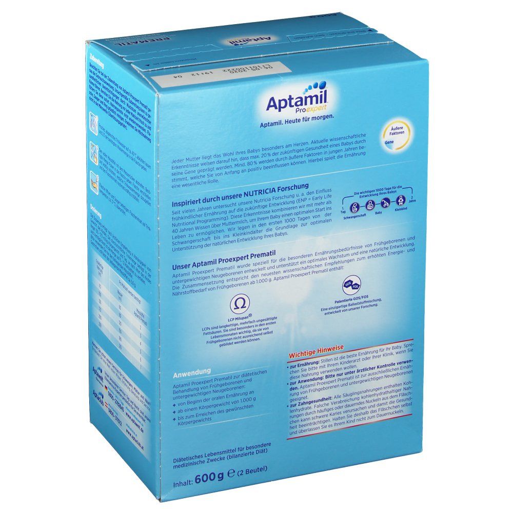 Aptamil Proexpert Prematil-Verpackung. Blaue Box mit Produktinformationen und Text. Enthält 600g.