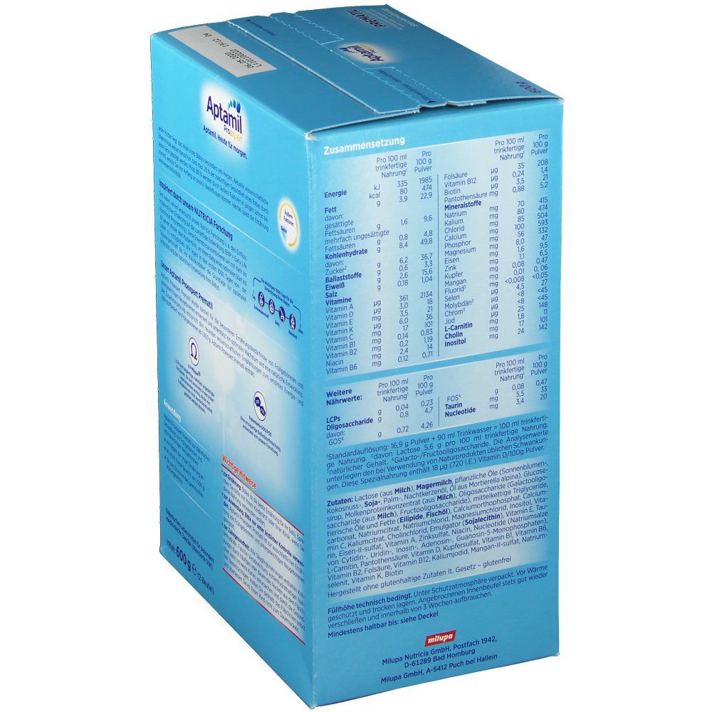 Aptamil Proexpert Prematil-Verpackung. Blaue Box mit Nährwertangaben und Text. Enthält 600g.