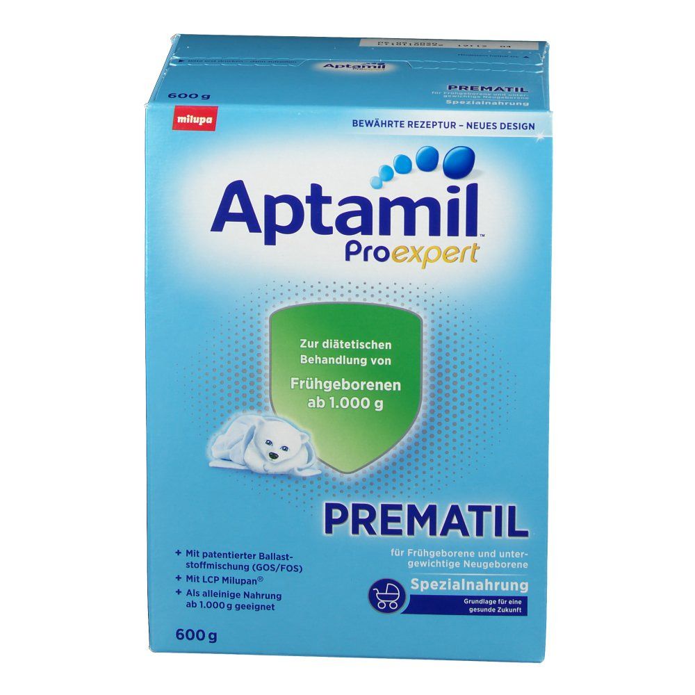 Aptamil Proexpert Prematil-Verpackung. Blaue Box mit Produktnamen und Text. Enthält 600g.