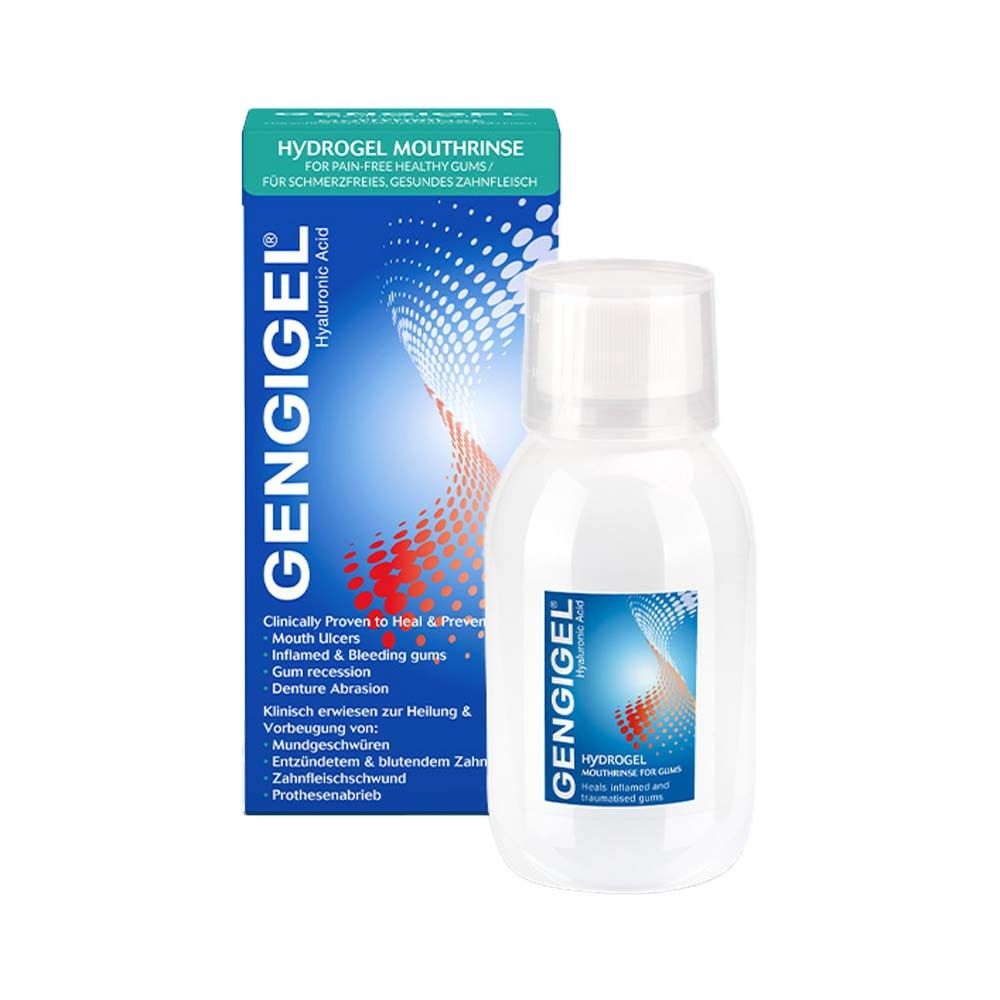 Gengigel Mundspüllösung und Verpackung. Flasche und Schachtel mit Produktinformationen und Logo.